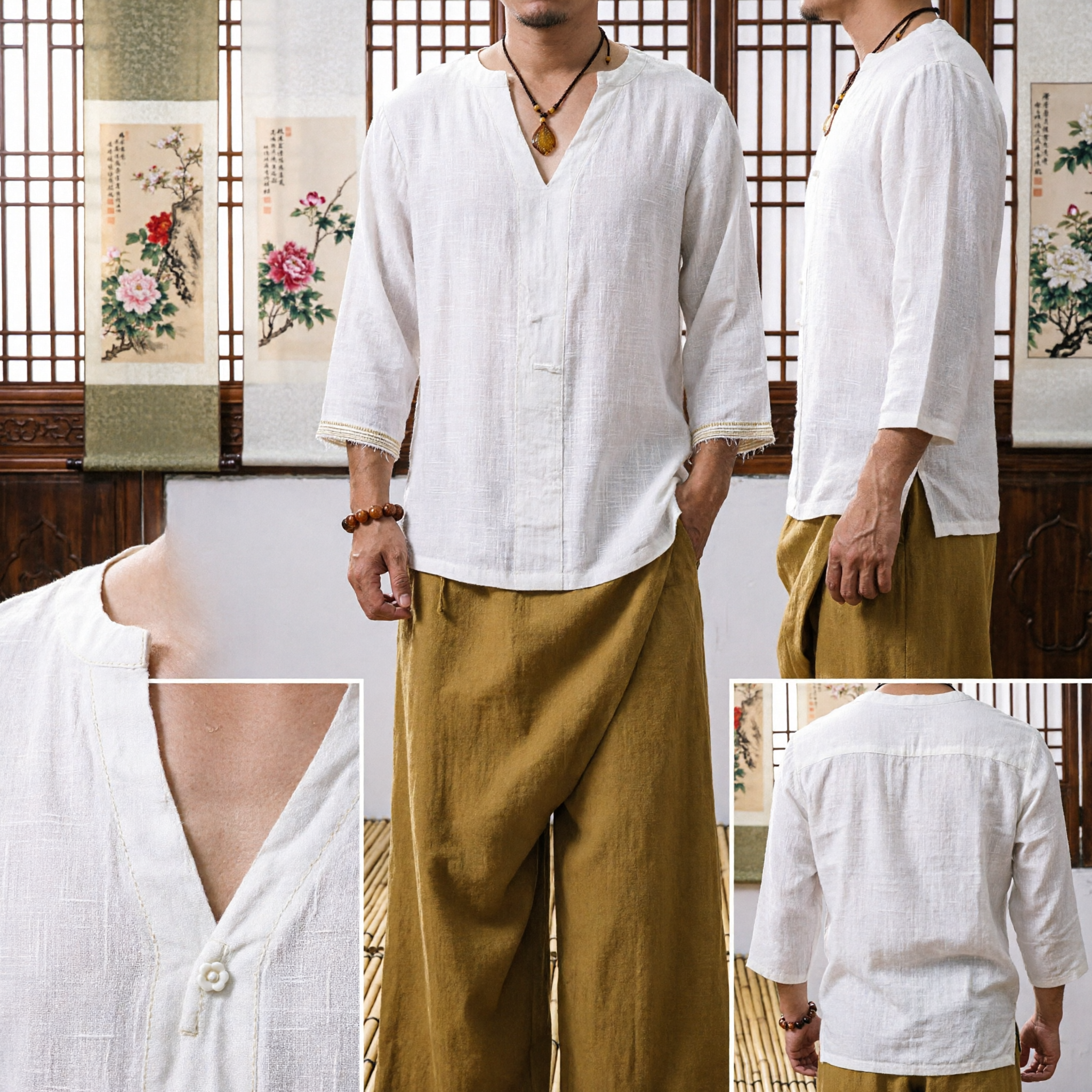 Men's Traditional Chinese White Linen Shirt V-Neck Kung Fu Tai Chi Zen Casual Top