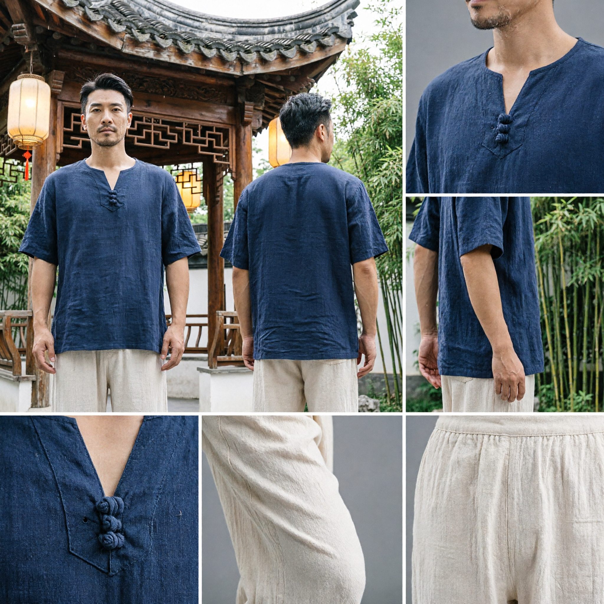 Men's Traditional Chinese Linen Tang Suit Top Short Sleeve Kung Fu Tai Chi Shirt Casual Wear