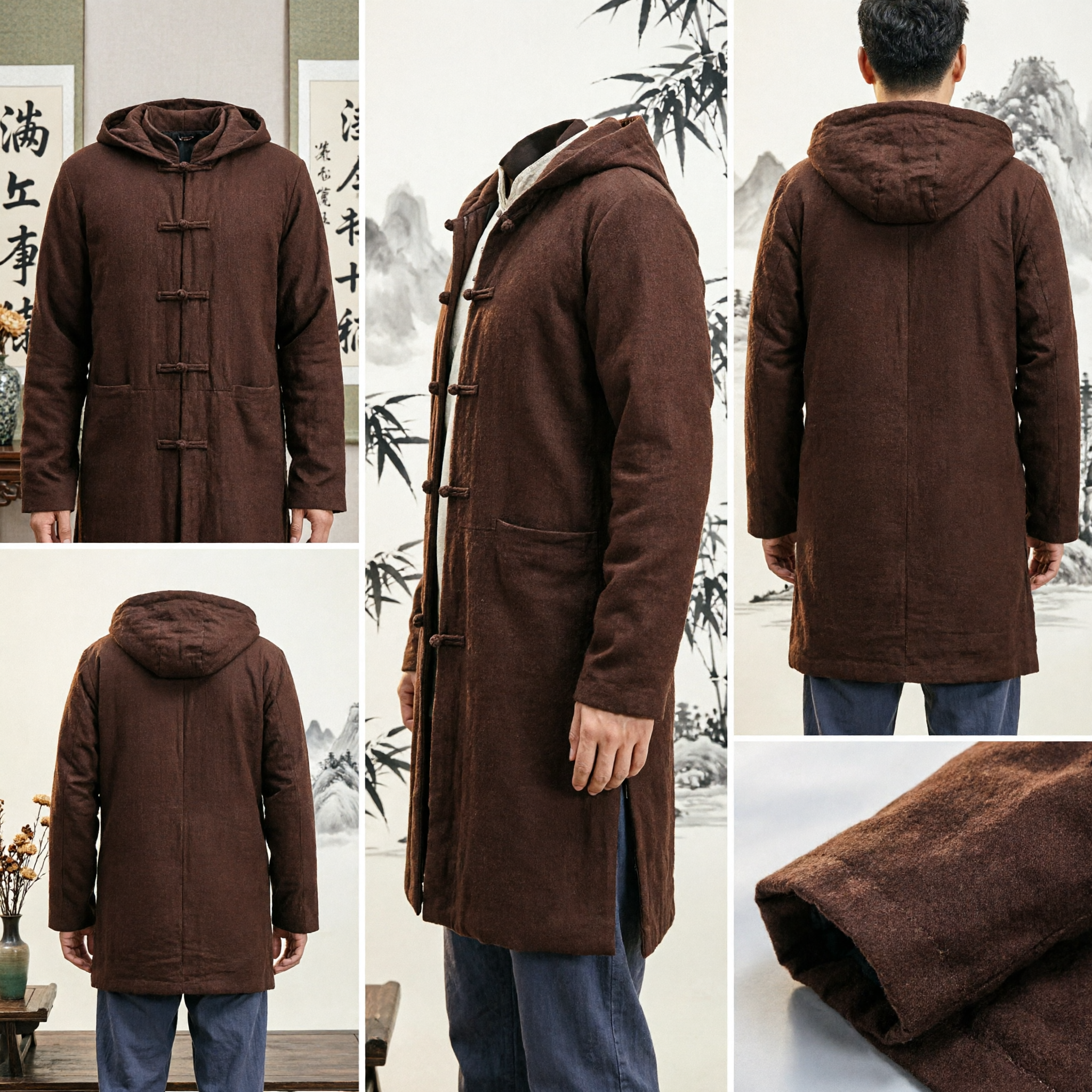 Men's Long Traditional Chinese Hooded Coat Vintage Tang Suit Thick Wool Jacket Winter Casual Outerwear