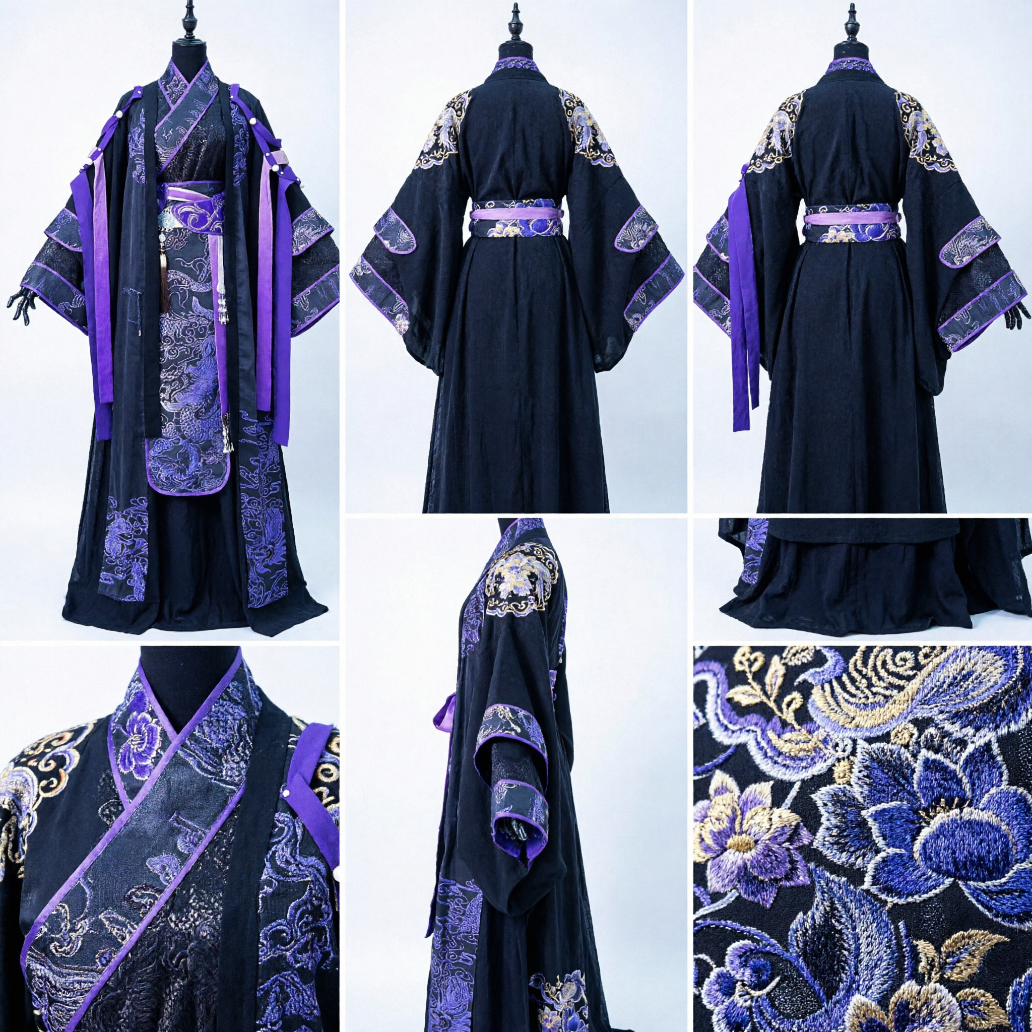 Ancient Chinese Hanfu Costume Men Dark Blue and Purple Dragon Embroidered Robe Traditional Cosplay Outfit