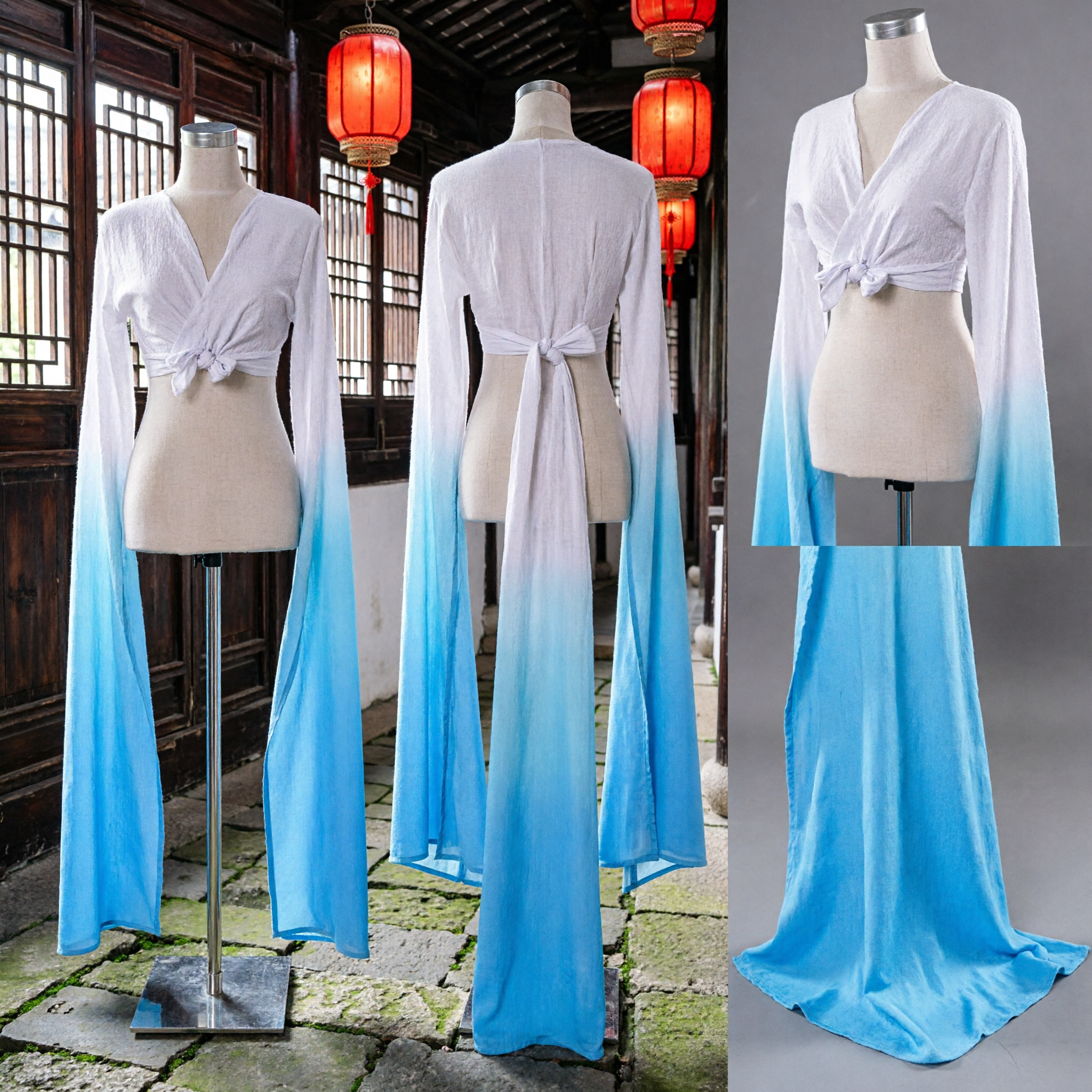 Chinese Classical Dance Costume White to Blue Gradient Long Water Sleeves Shrug Hanfu Top