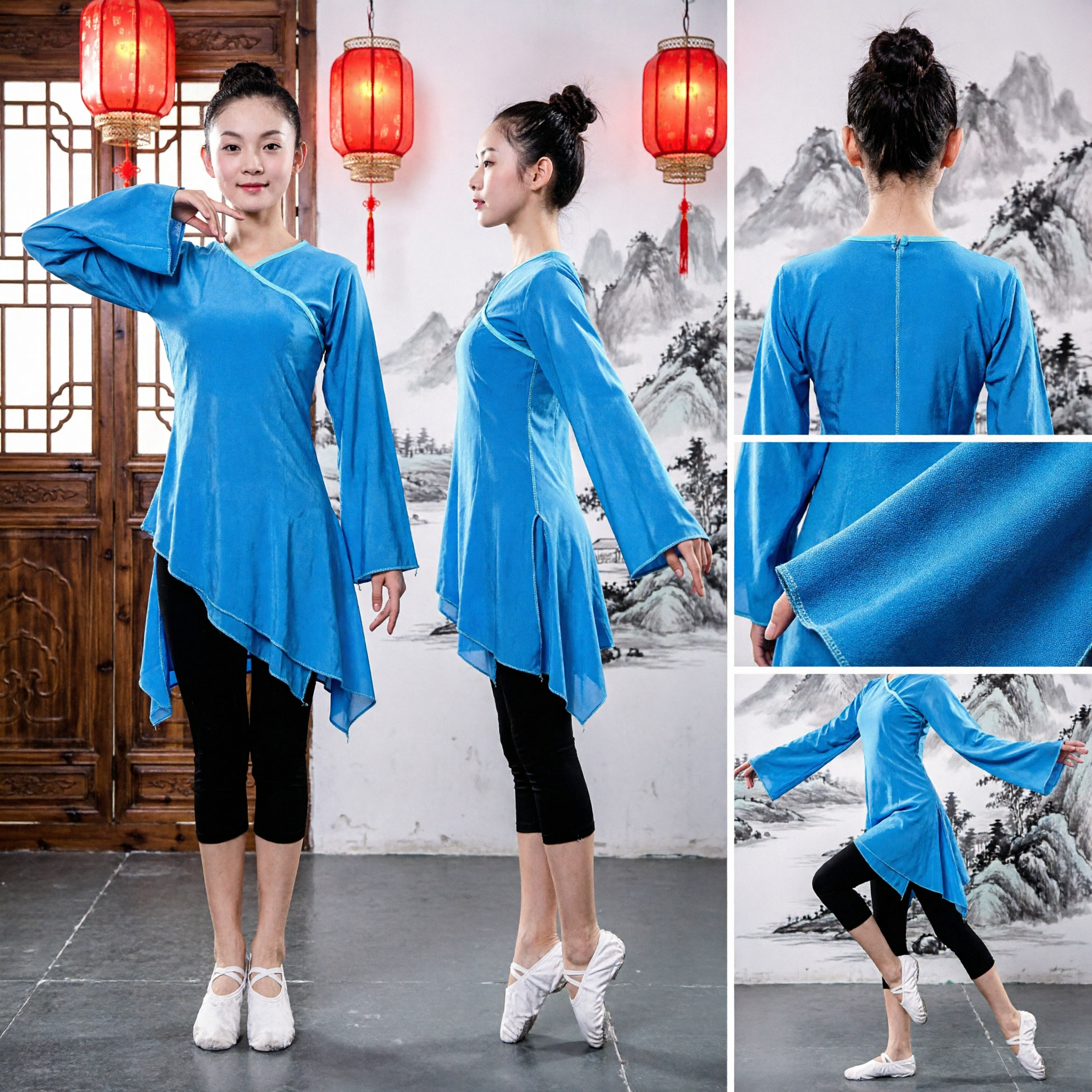 Elegant Blue Chinese Classical Dance Costume Long Sleeve Folk Dance Yangge Performance Wear for Women