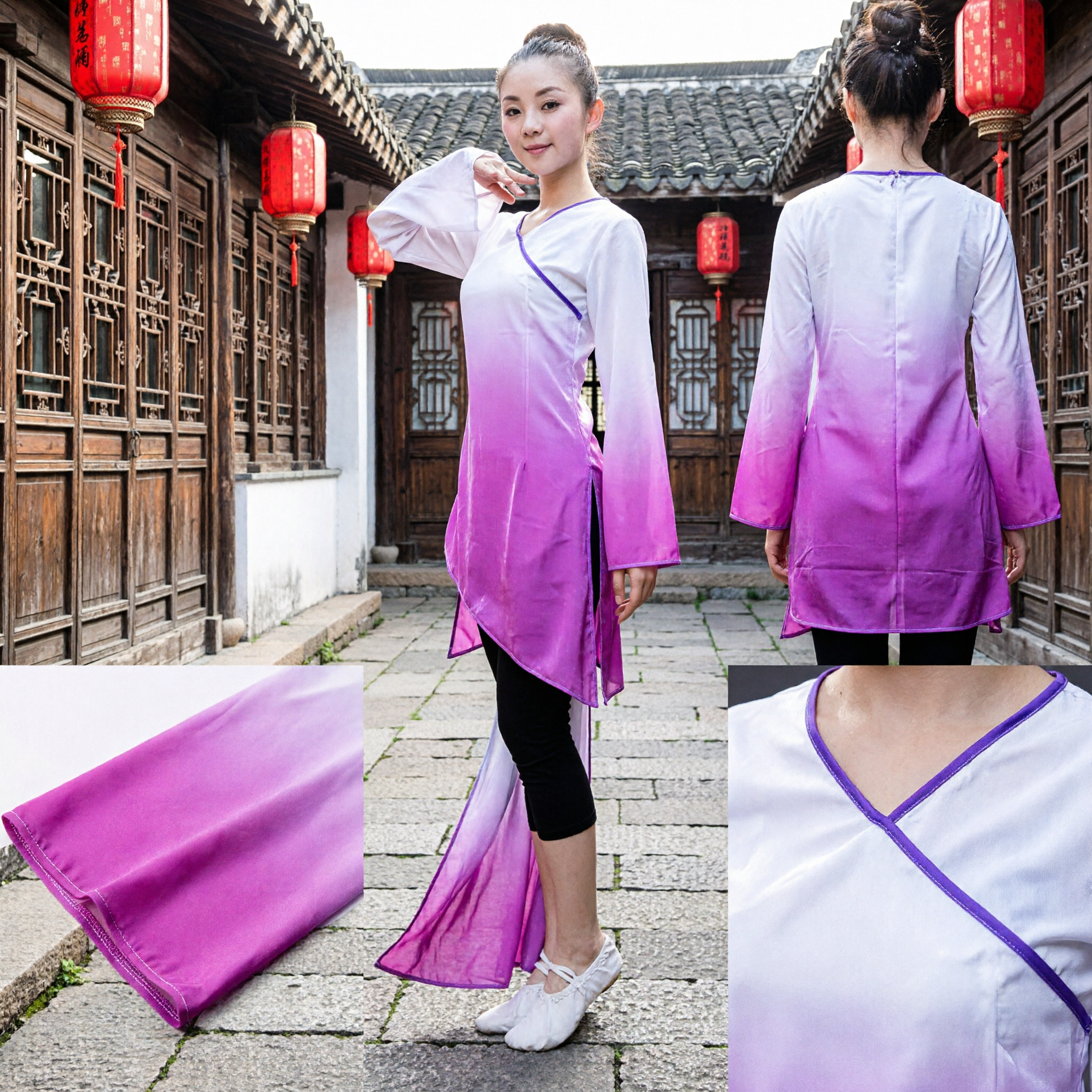 Traditional Chinese Yangge Dance Costume Women Gradient Purple and White Long Sleeve Folk Dance Performance Dress