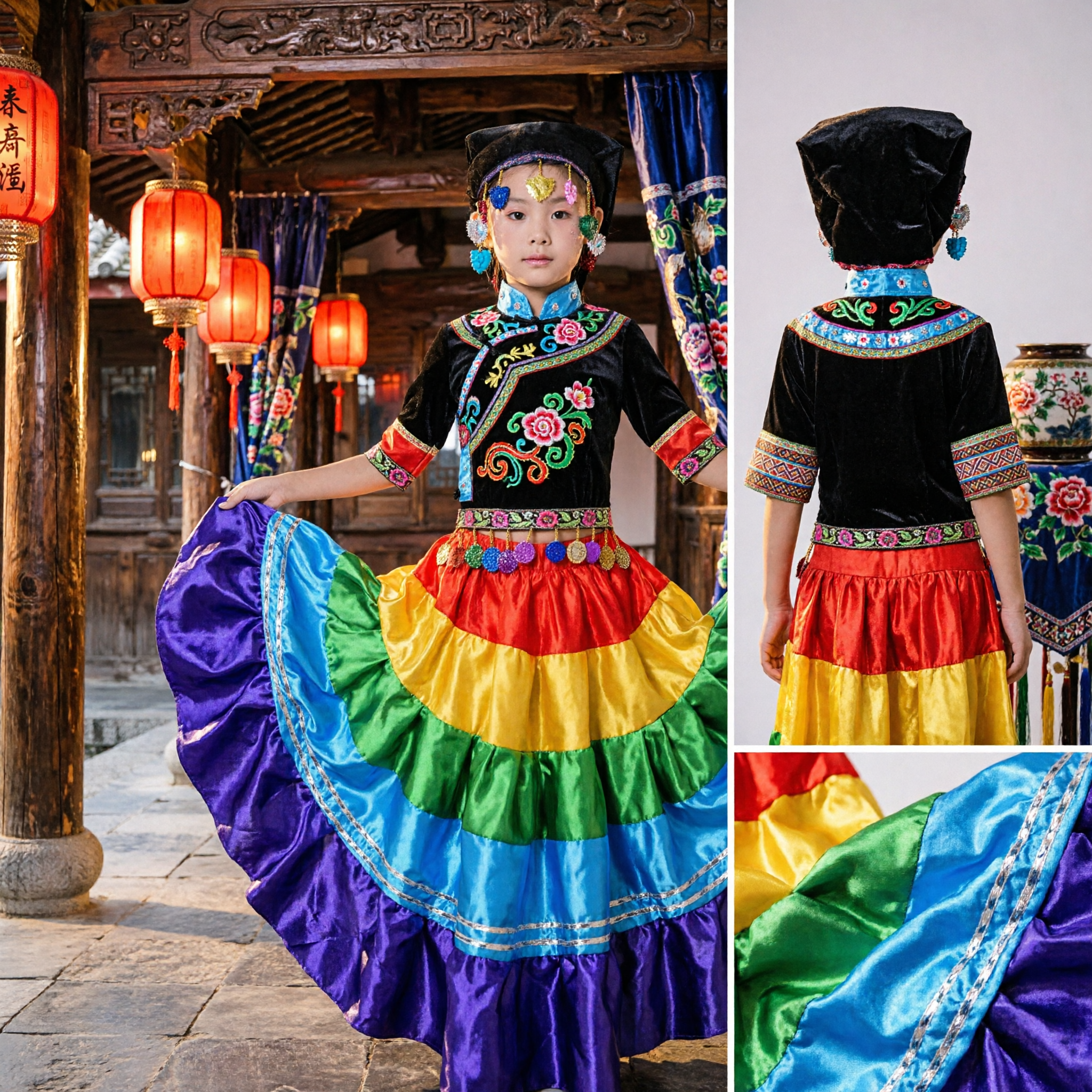 Traditional Chinese Yi Ethnic Minority Dance Costume for Girls Kids Rainbow Skirt Stage Performance Outfit
