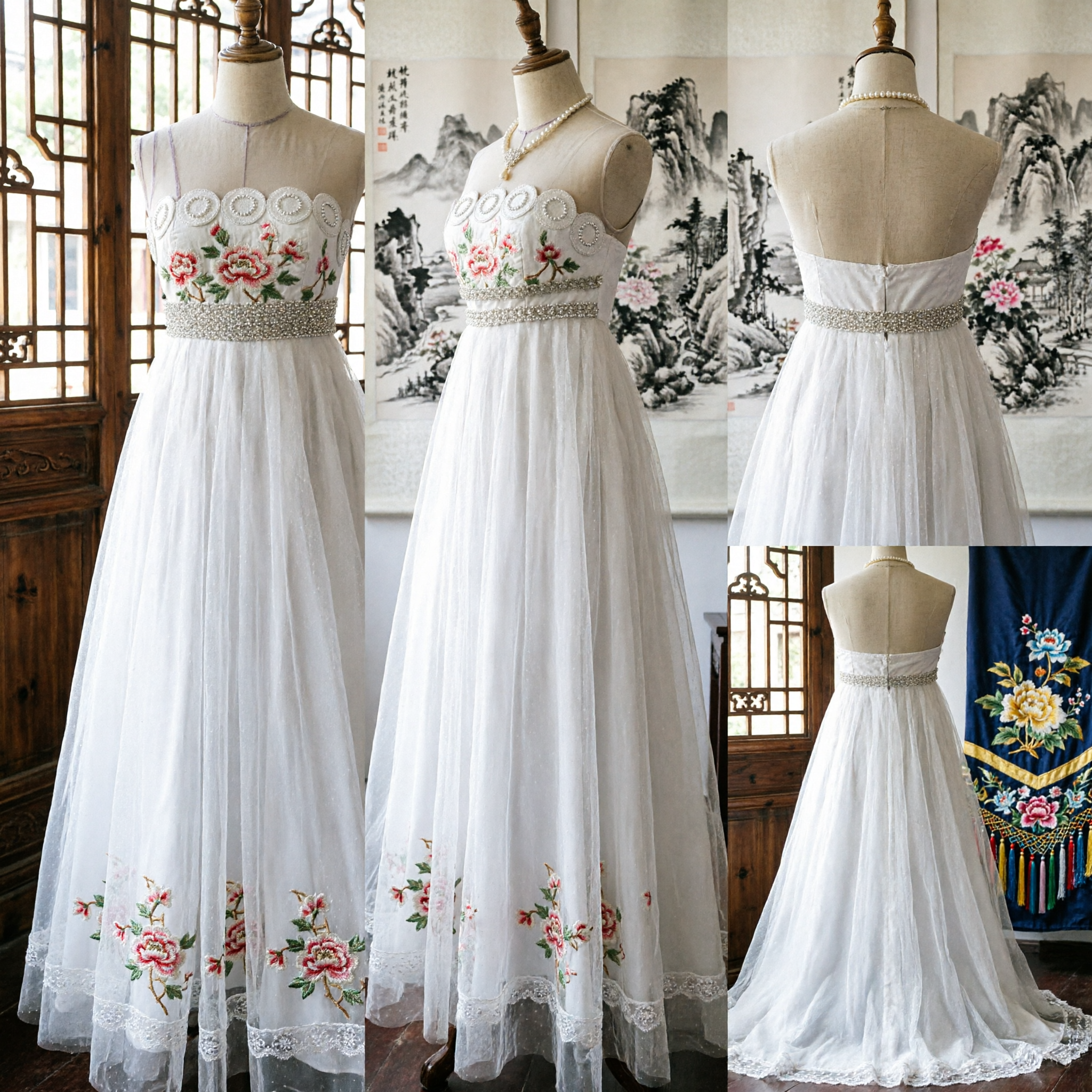 Elegant White Strapless Wedding Dress with Embroidered Bodice and Flowing Chiffon Skirt for Bridal or Formal Occasions