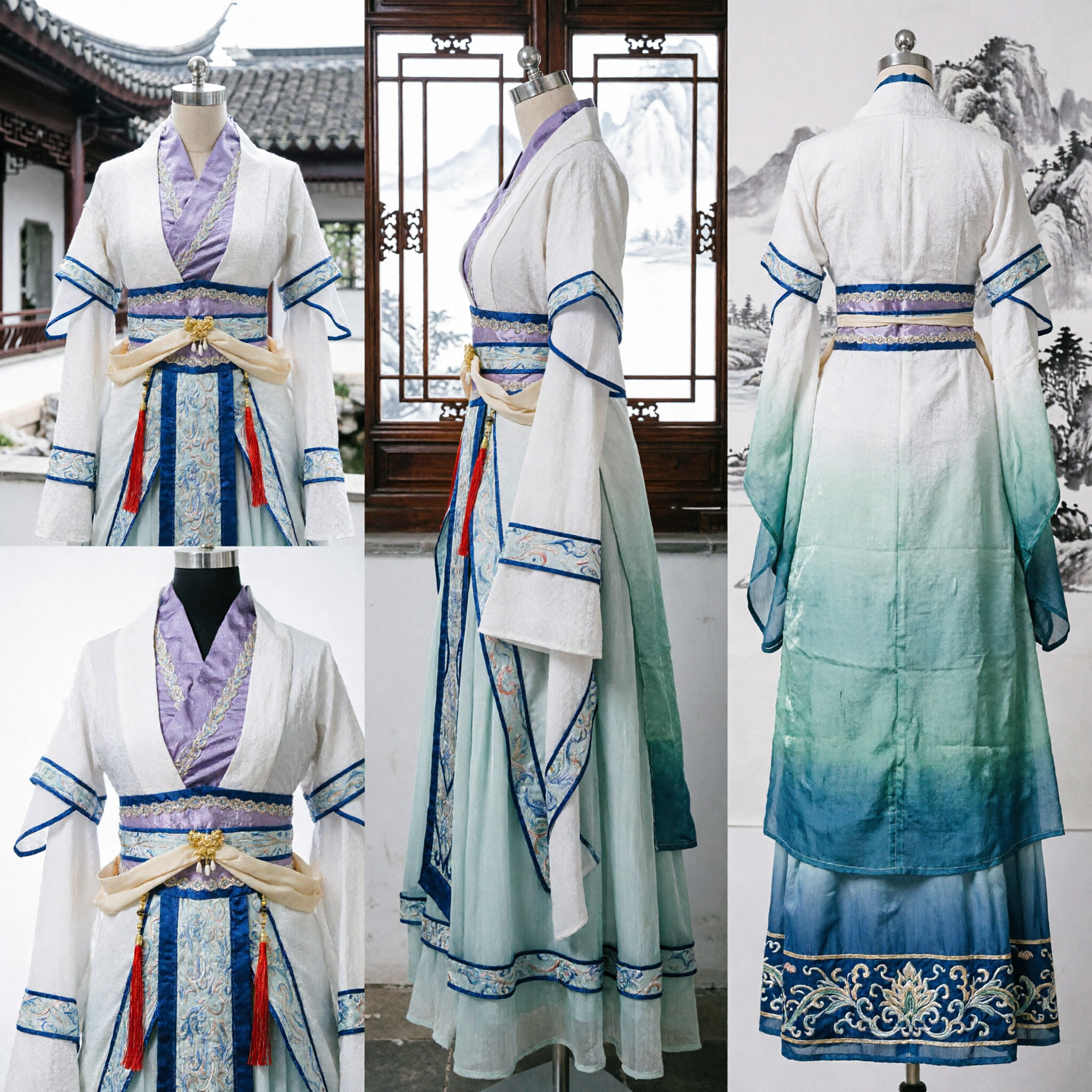 Traditional Chinese Hanfu Ancient Costume for Women Elegant White and Blue Embroidered Dress for Cosplay and Stage Performance