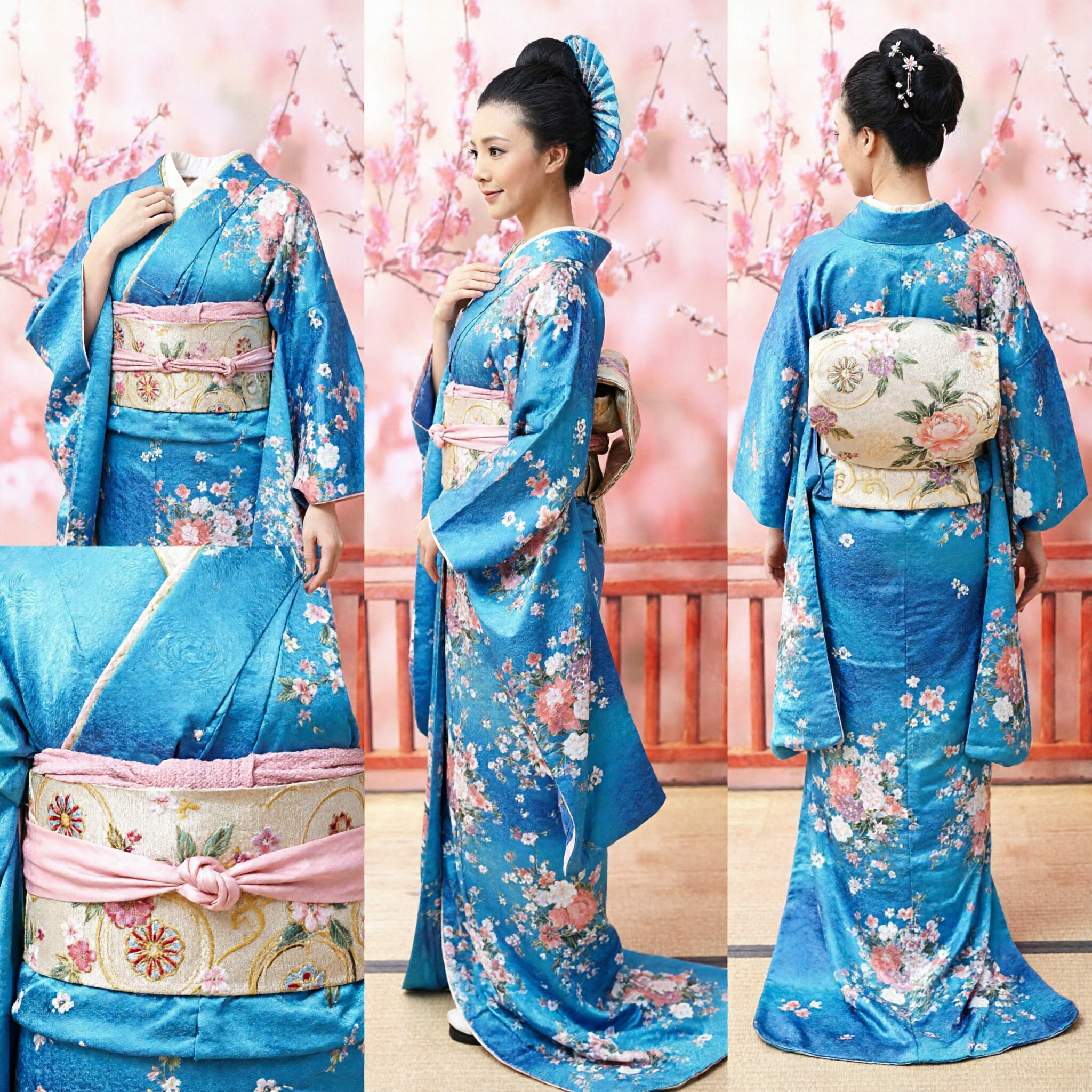 Elegant Blue Floral Japanese Kimono Traditional Costume for Women Geisha Dance Performance and Cultural Festivals