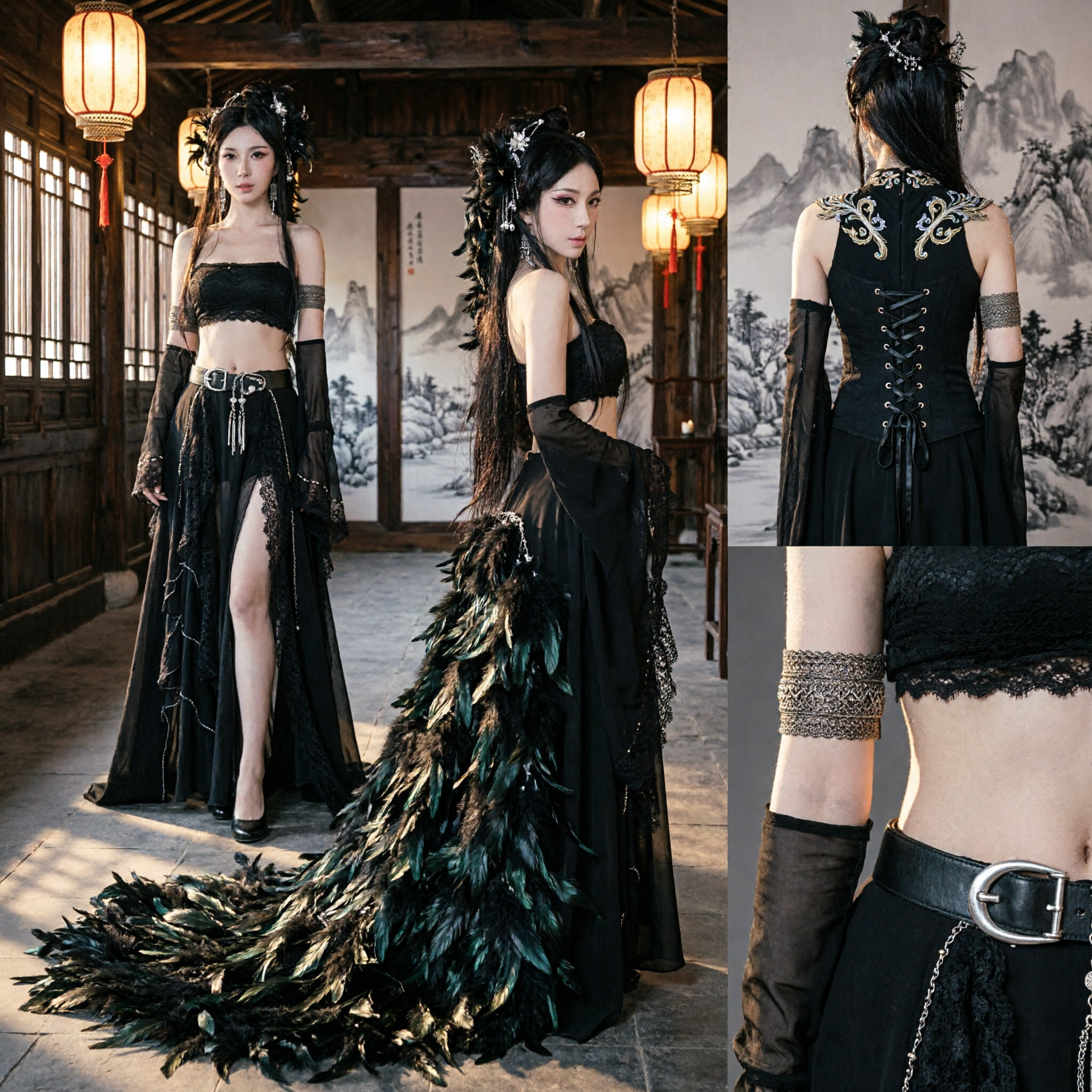 Elegant Black Ancient Chinese Fantasy Costume for Women Cosplay Stage Performance Dress