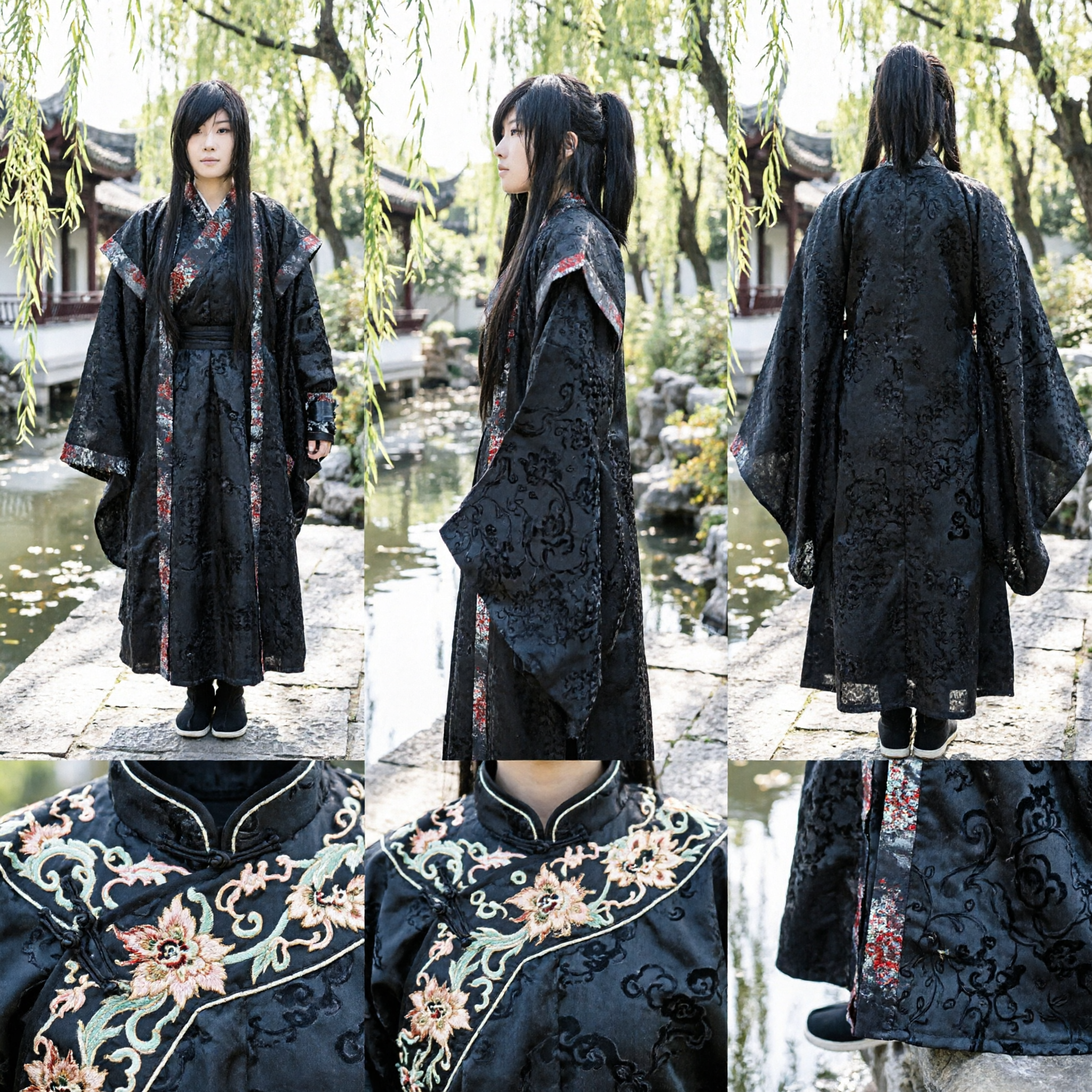 Black Traditional Chinese Hanfu Robe Ancient Wuxia Swordsman Costume for Men Cosplay and Stage Performance