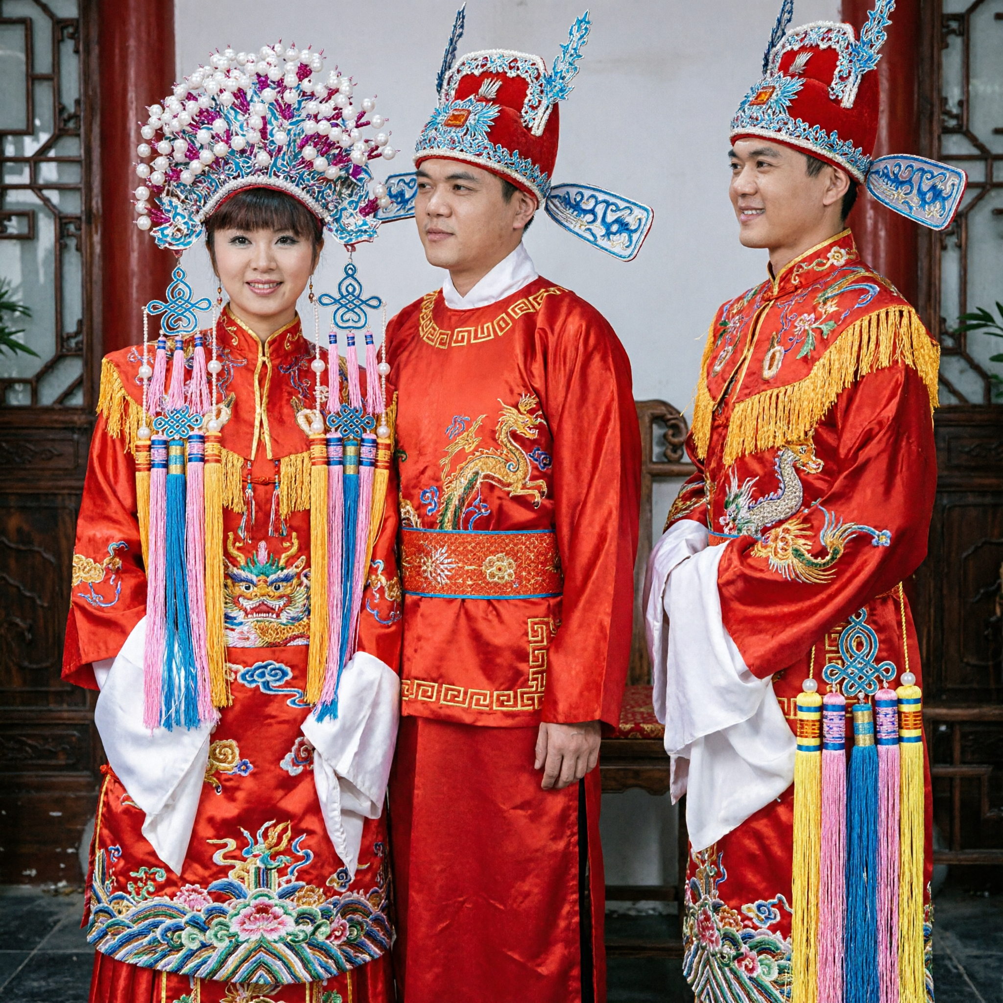 Traditional Chinese Wedding Costume Set for Bride and Groom Ancient Red Robes with Elaborate Headwear for Ceremony