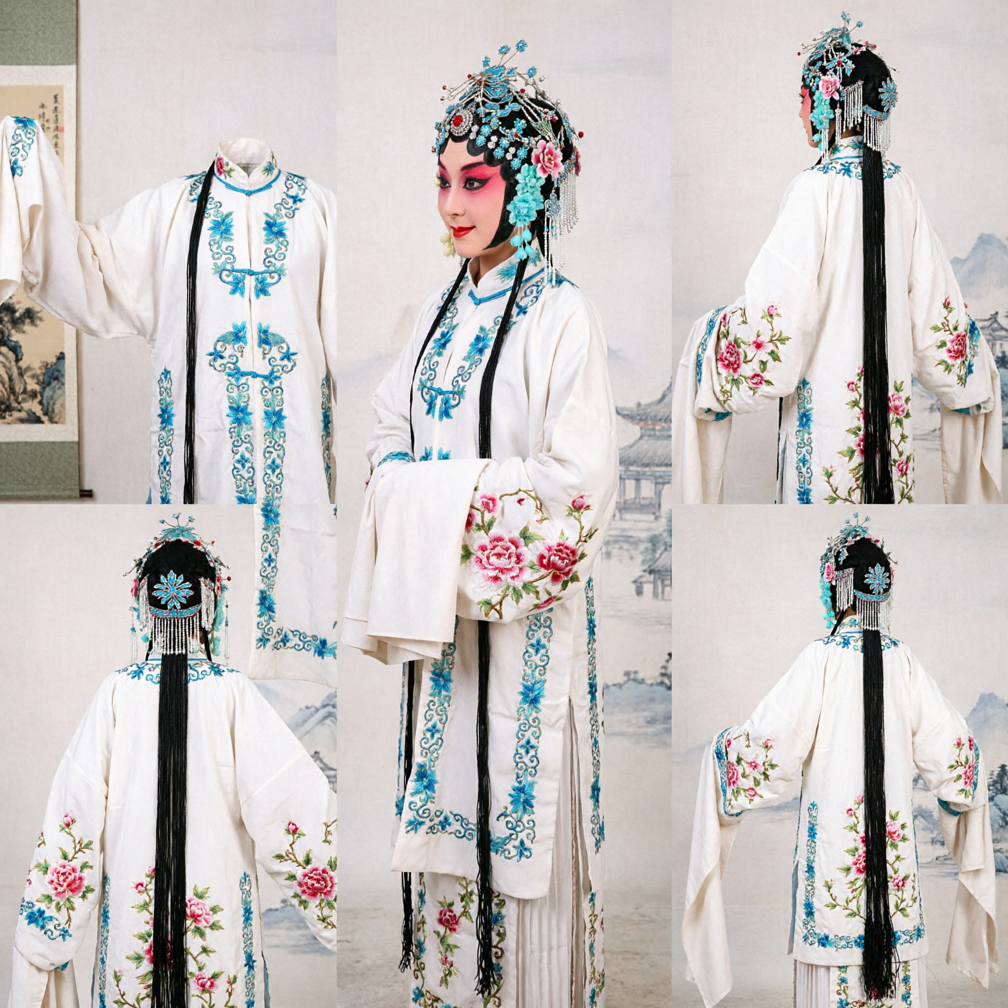 Traditional Chinese Peking Opera Dan Role Costume White Robe with Blue Embroidery Water Sleeves and Complete Headpiece