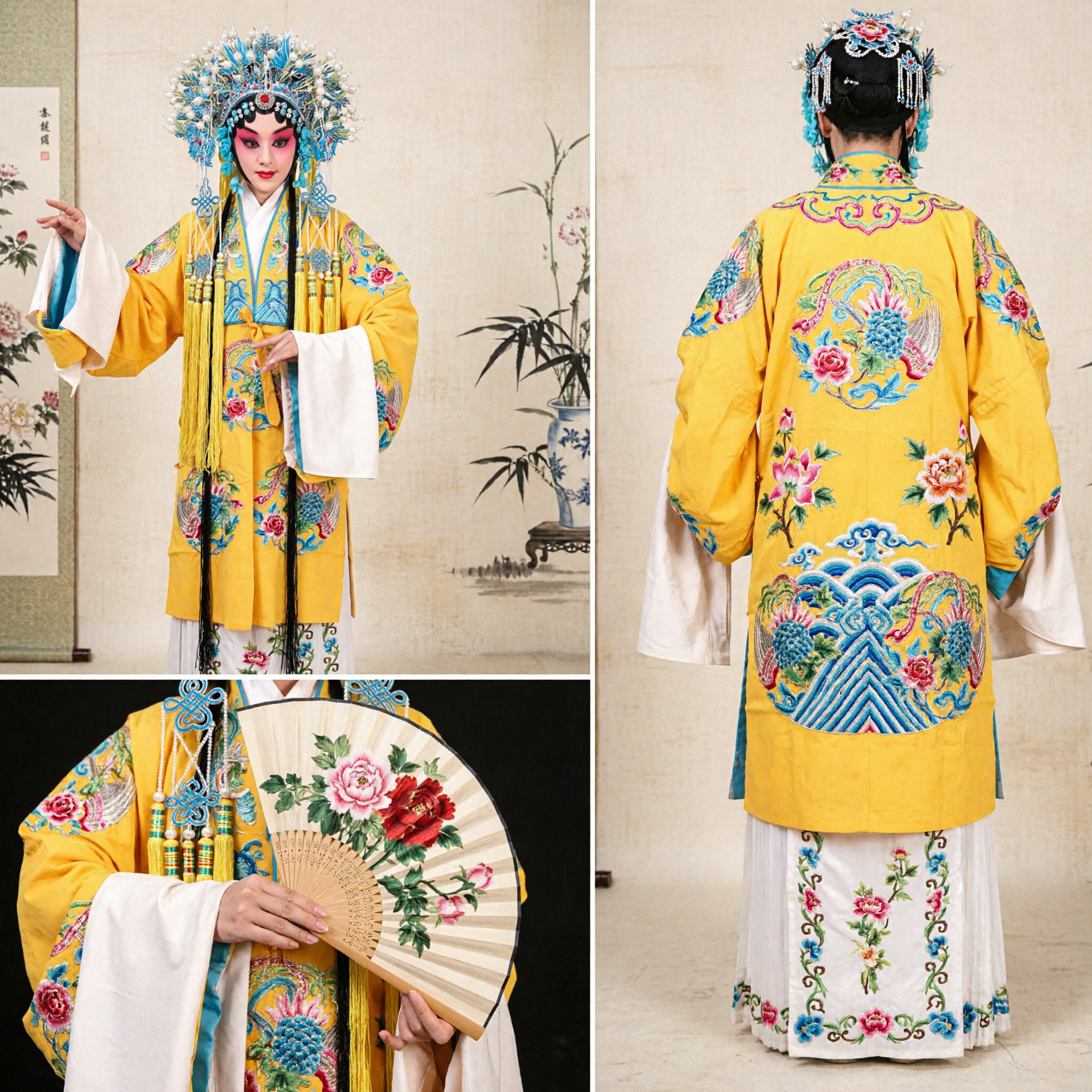 Traditional Chinese Peking Opera Costume for Women Hua Dan Yellow Robe with Phoenix Headpiece and Fan
