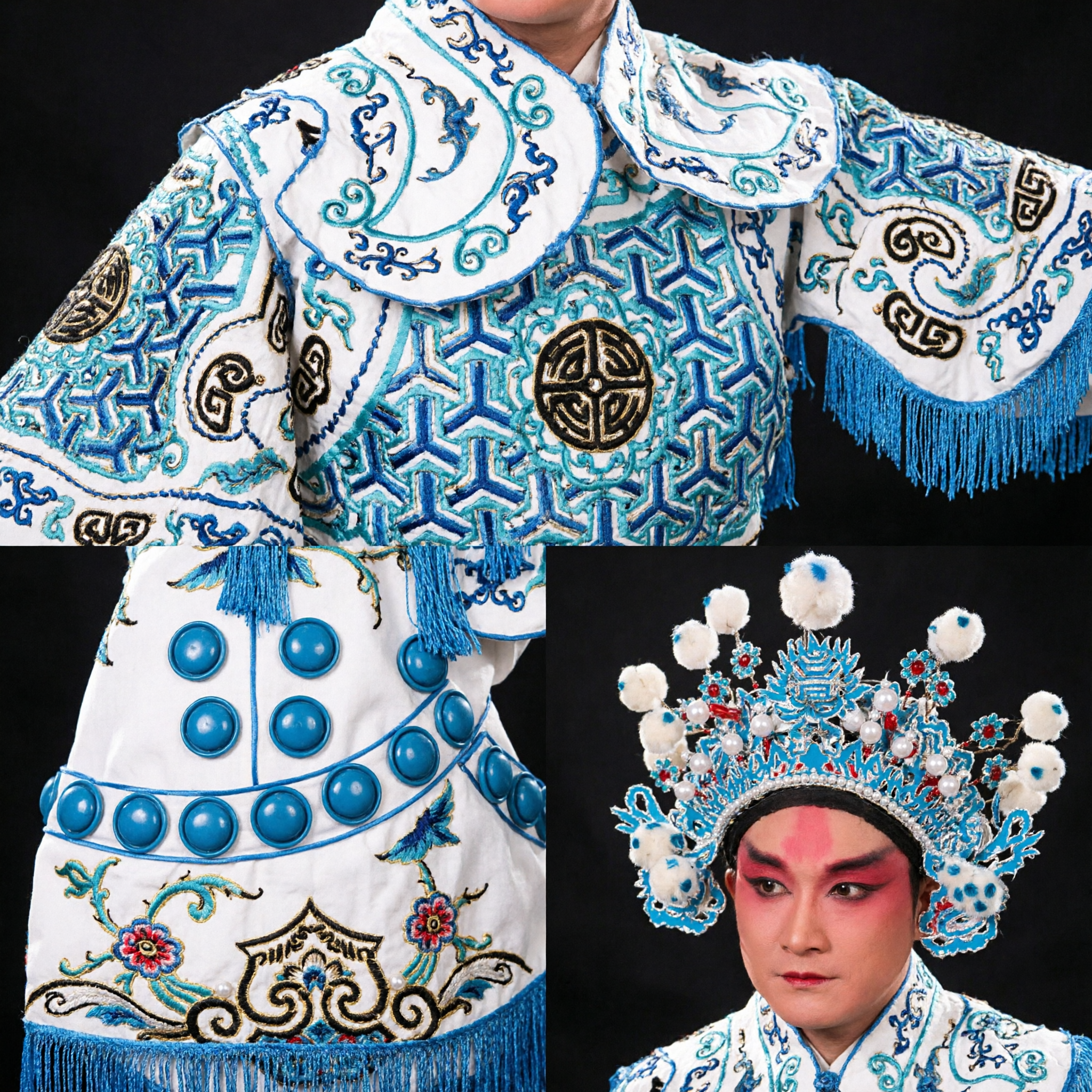 Traditional Chinese Peking Opera Wusheng Blue Warrior Costume Complete Set with Headdress for Stage Performance