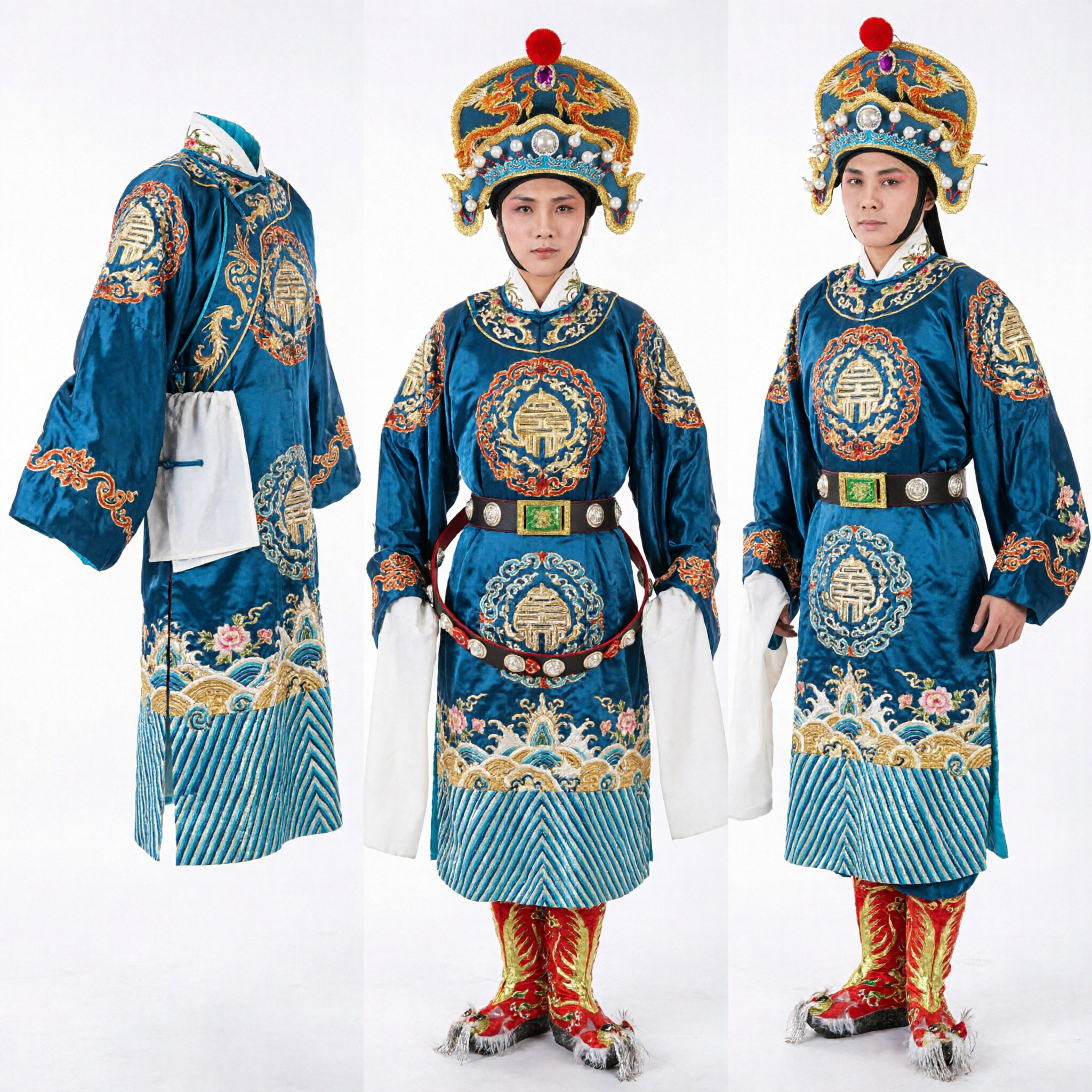 Men's Blue Chinese Opera General Warrior Costume with Embroidered Cape and Phoenix Headdress for Stage Performance