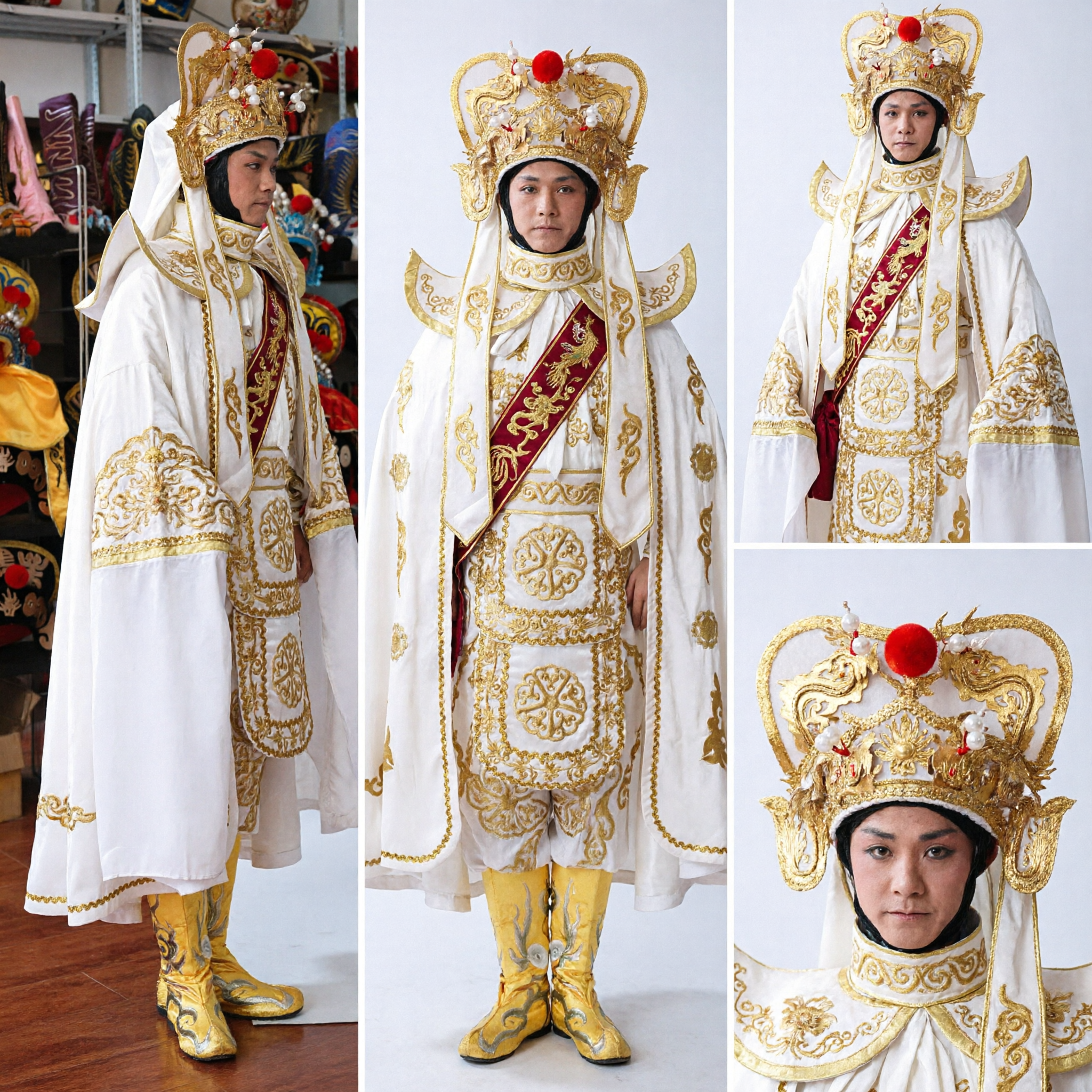 Men's Traditional Chinese Peking Opera General Costume White Gold Embroidered Warrior Armor Set for Stage Performance
