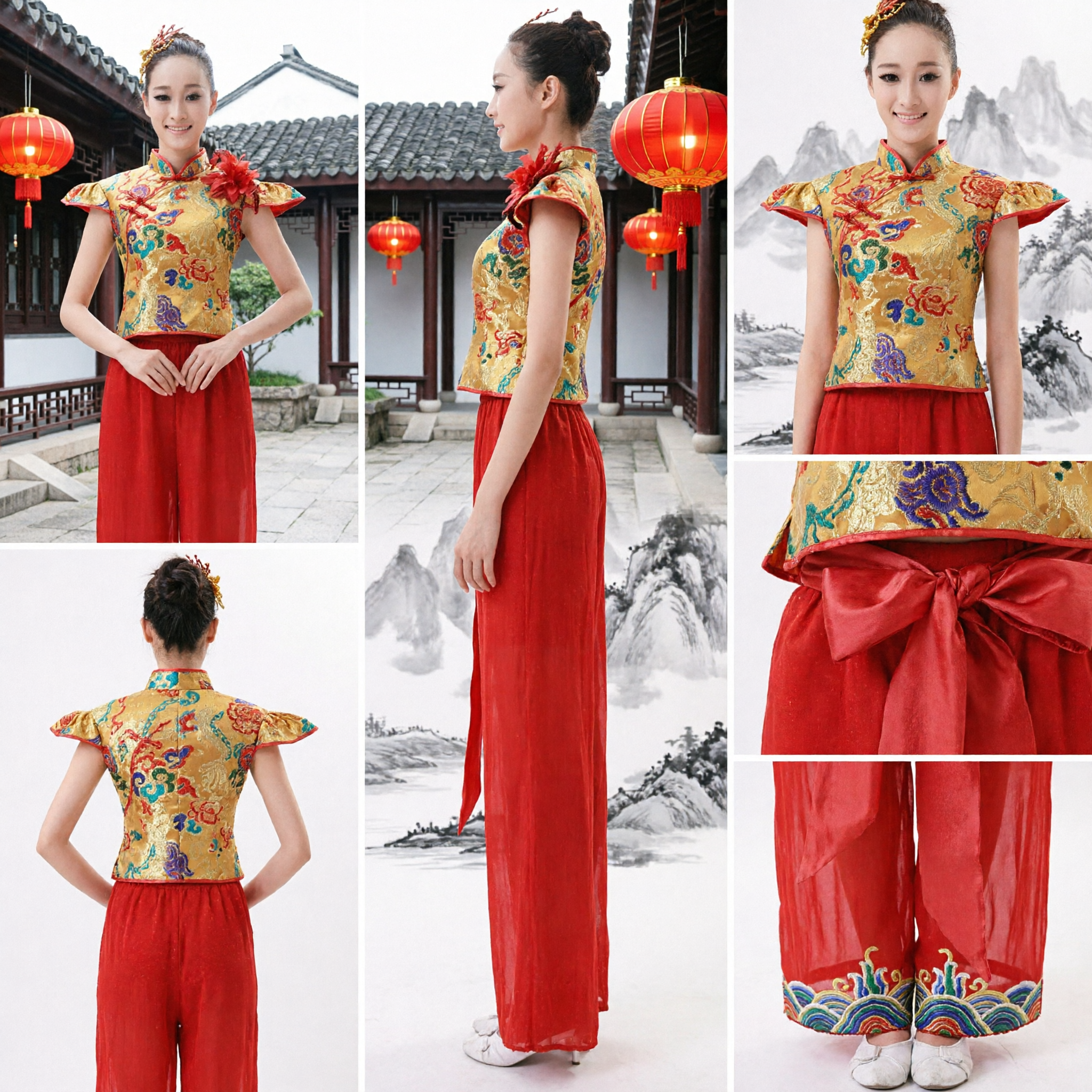 Women's Traditional Chinese Folk Dance Costume Yellow Floral Top Red Pants Yangge Fan Dance Performance Outfit