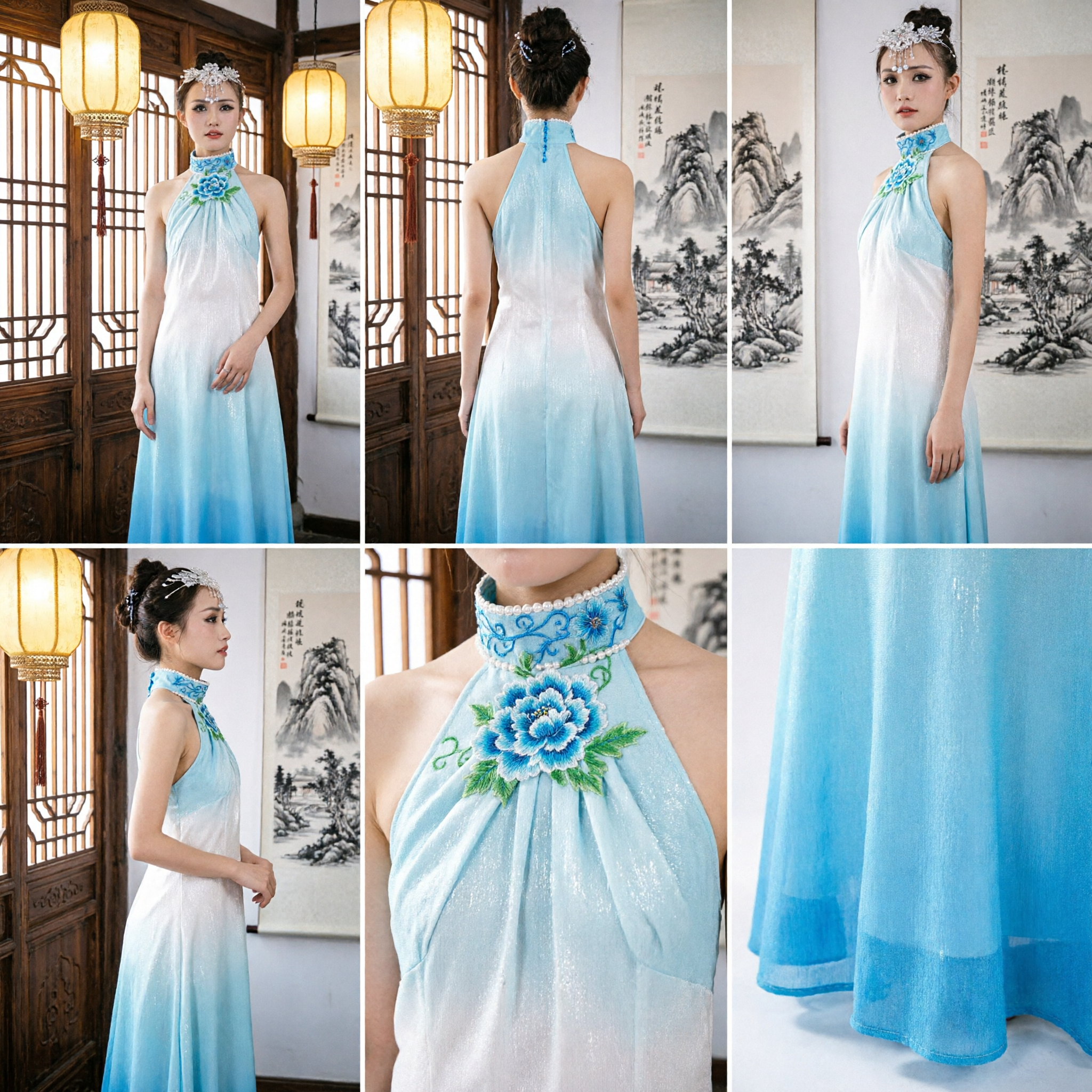 Elegant Women's Blue Gradient Chinese Long Dress Modern Qipao Evening Gown for Stage Performance