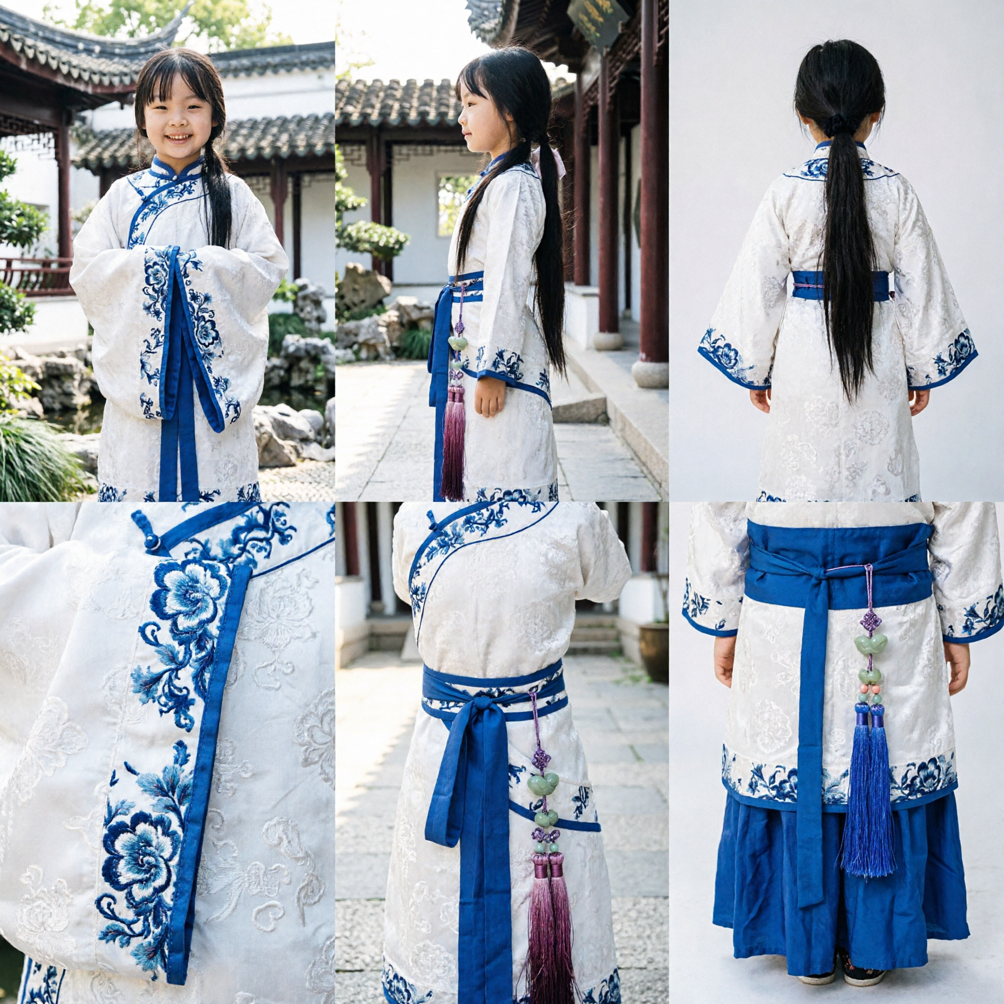 Traditional Chinese Hanfu Costume for Girls Blue and White Porcelain Print Ancient Style Dress for Kids Performance