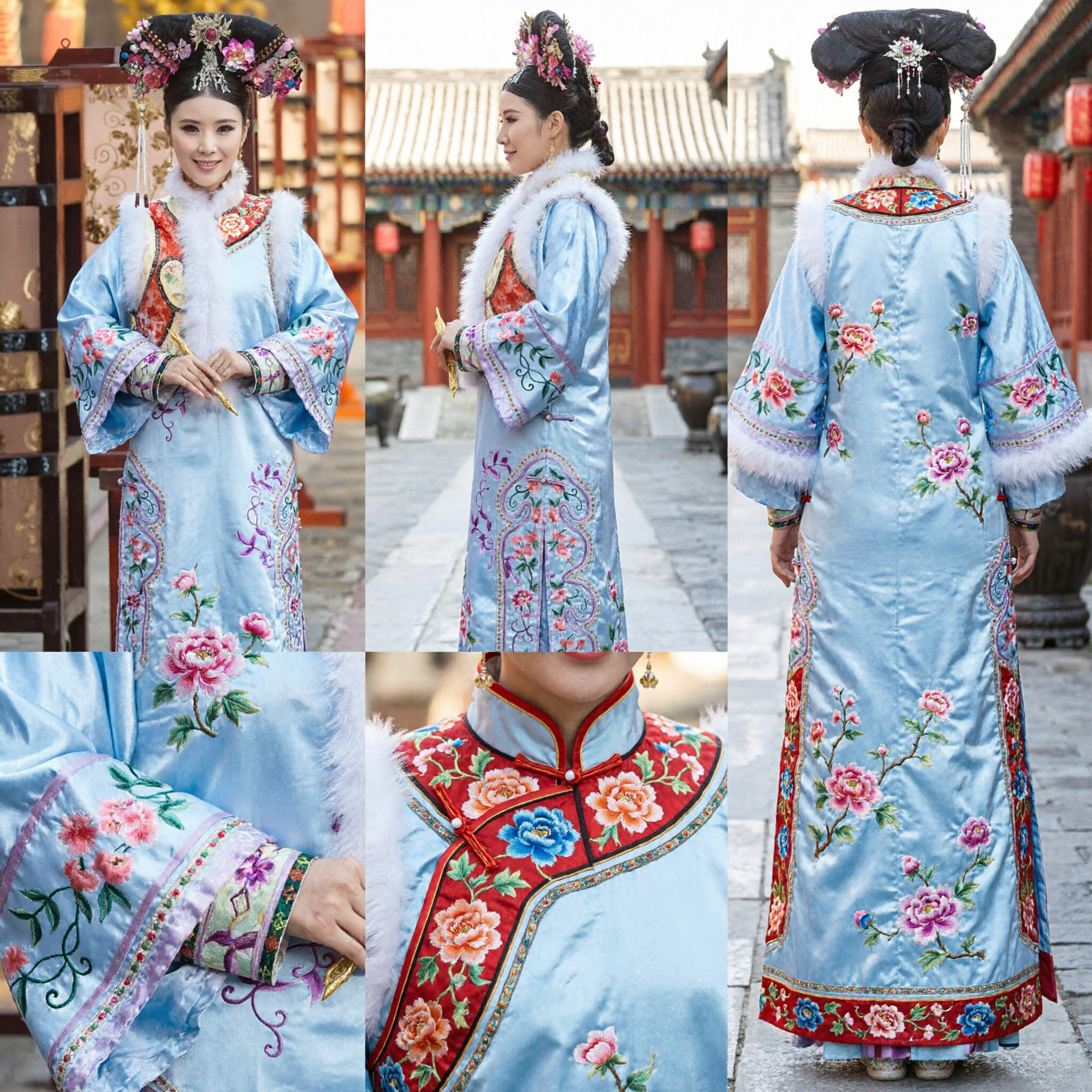 Traditional Ancient Chinese Qing Dynasty Manchu Princess Costume Blue Embroidered Robe with Fur Trim for Women Cosplay