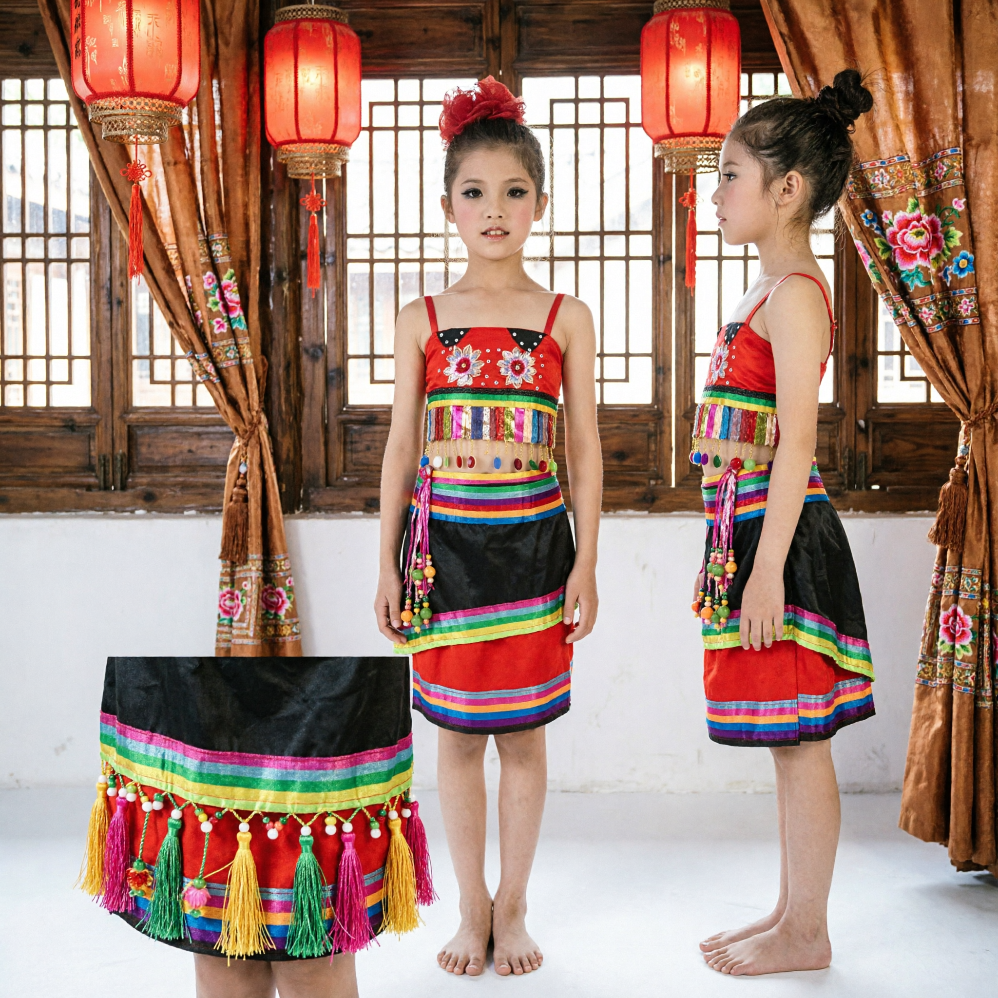 Girls Chinese Traditional Folk Dance Costume Ethnic Minority Stage Performance Dress with Red Flower Headpiece