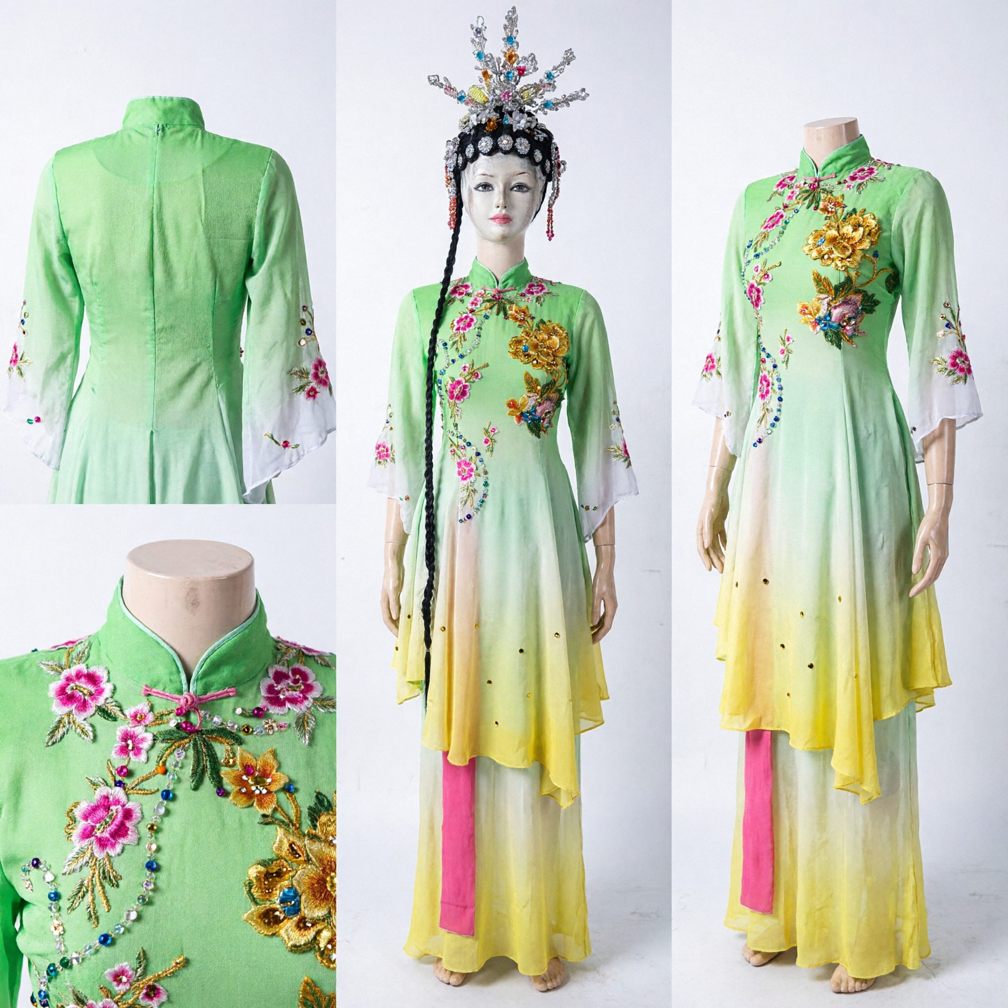 Traditional Chinese Beijing Opera Green Gradient Dan Role Costume Complete Set with Headdress for Women Performance