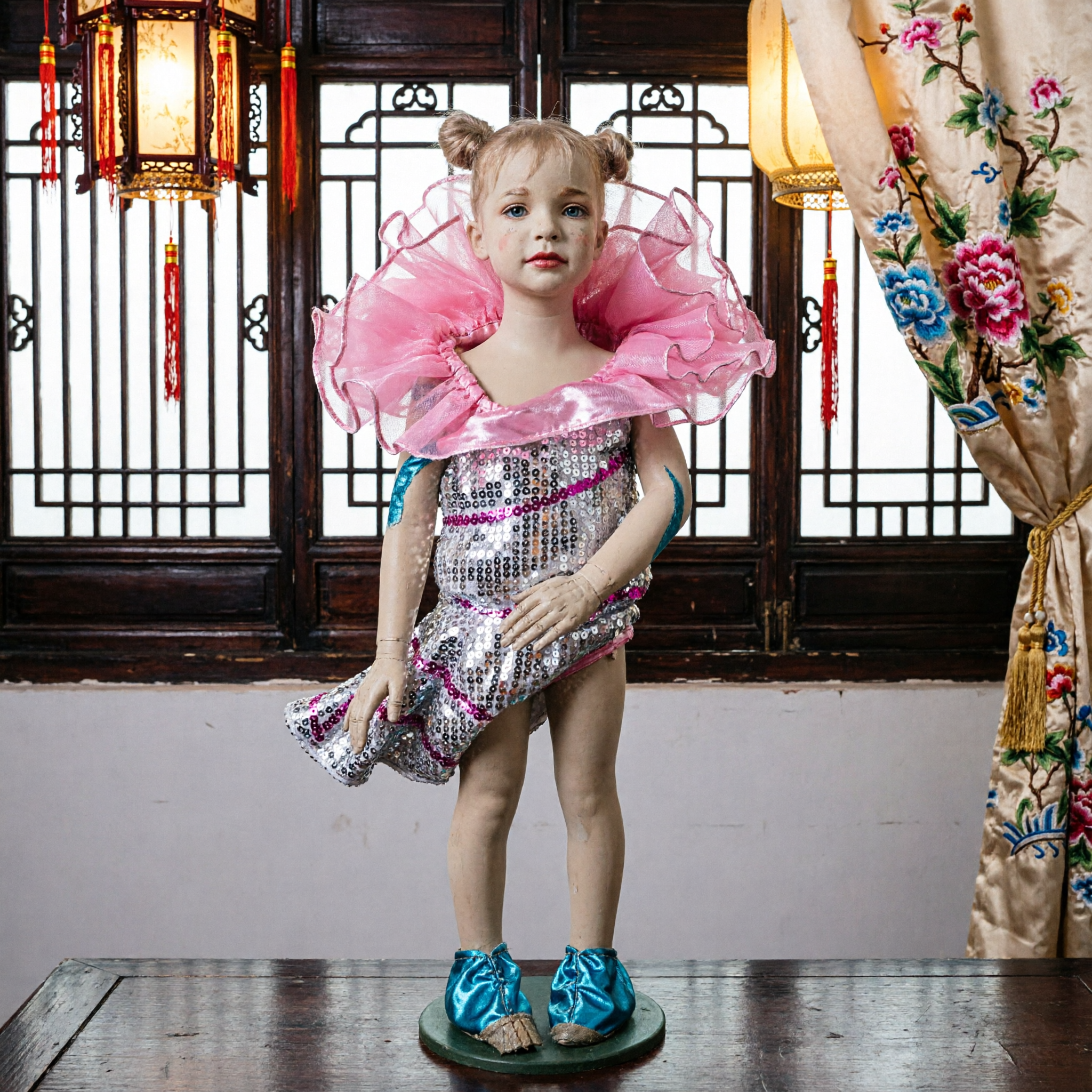 Santo Niño Statue Child Jesus Figurine in Sparkling Sequined Dress and Pink Ruffles for Catholic Home Altar