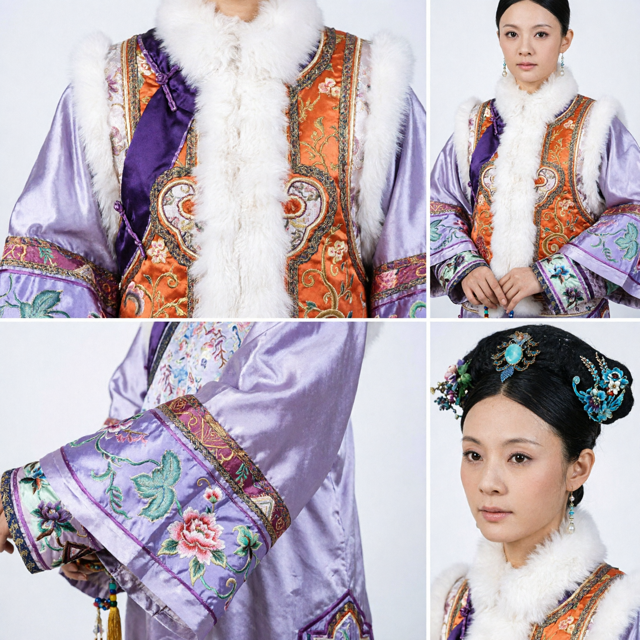 Chinese Traditional Qing Dynasty Manchu Palace Costume Purple Silk Robe with Fur Trim for Women Historical Cosplay