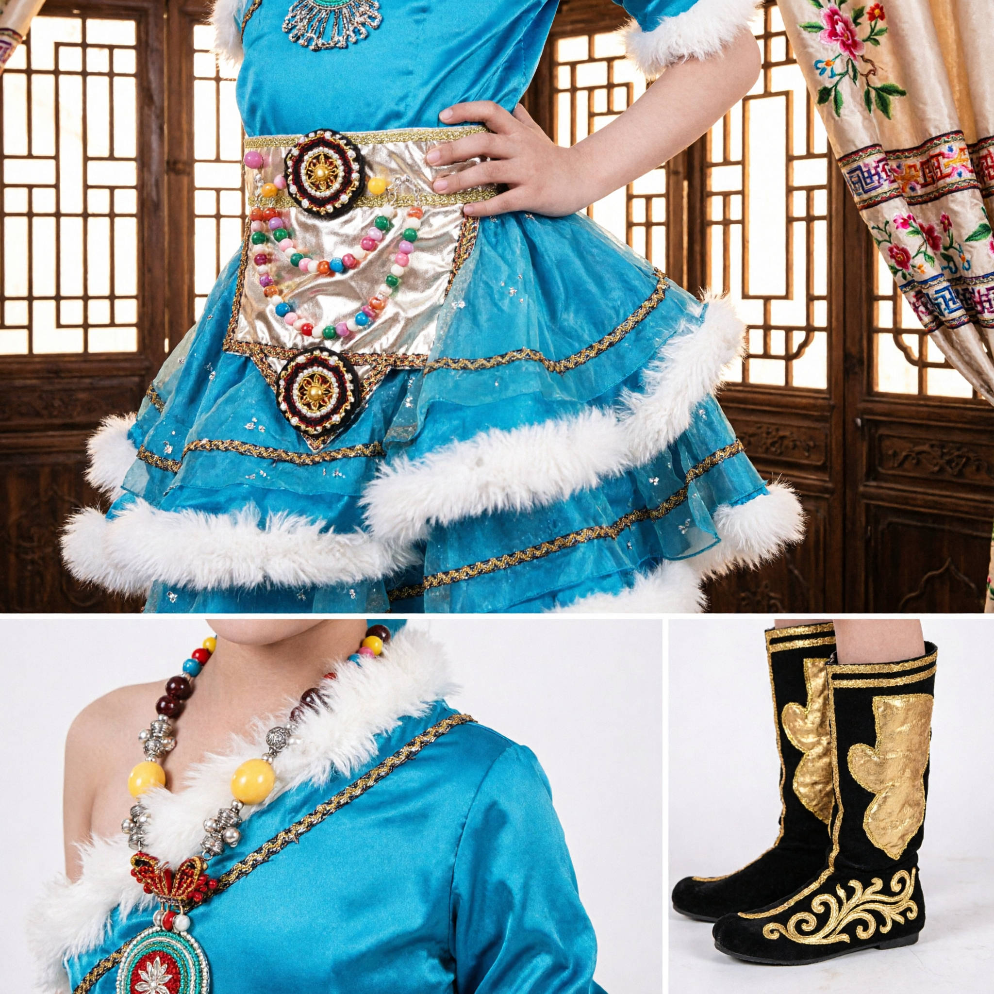 Girls Blue Mongolian Ethnic Dance Costume Traditional Folk Dress with Boots for Kids Performance