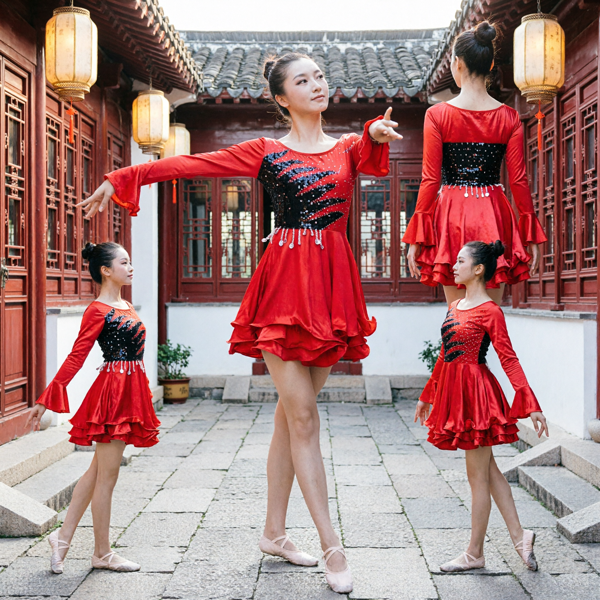 Girls Red Latin Dance Dress Long Sleeve Ballroom Costume with Sequins and Fringe for Competition