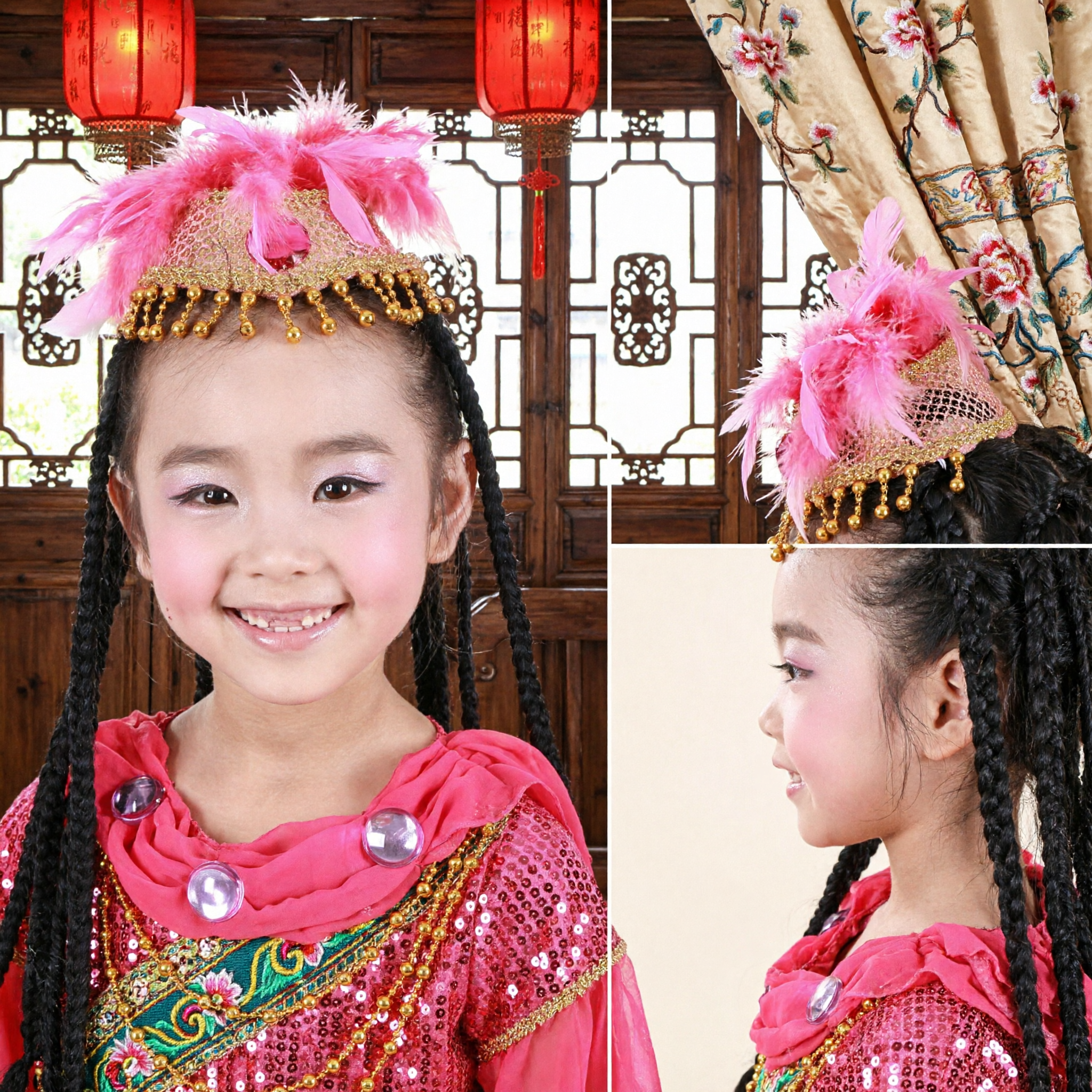 Pink Traditional Chinese Xinjiang Dance Costume for Girls Kids with Feather Headpiece and Sequins for Stage Performance