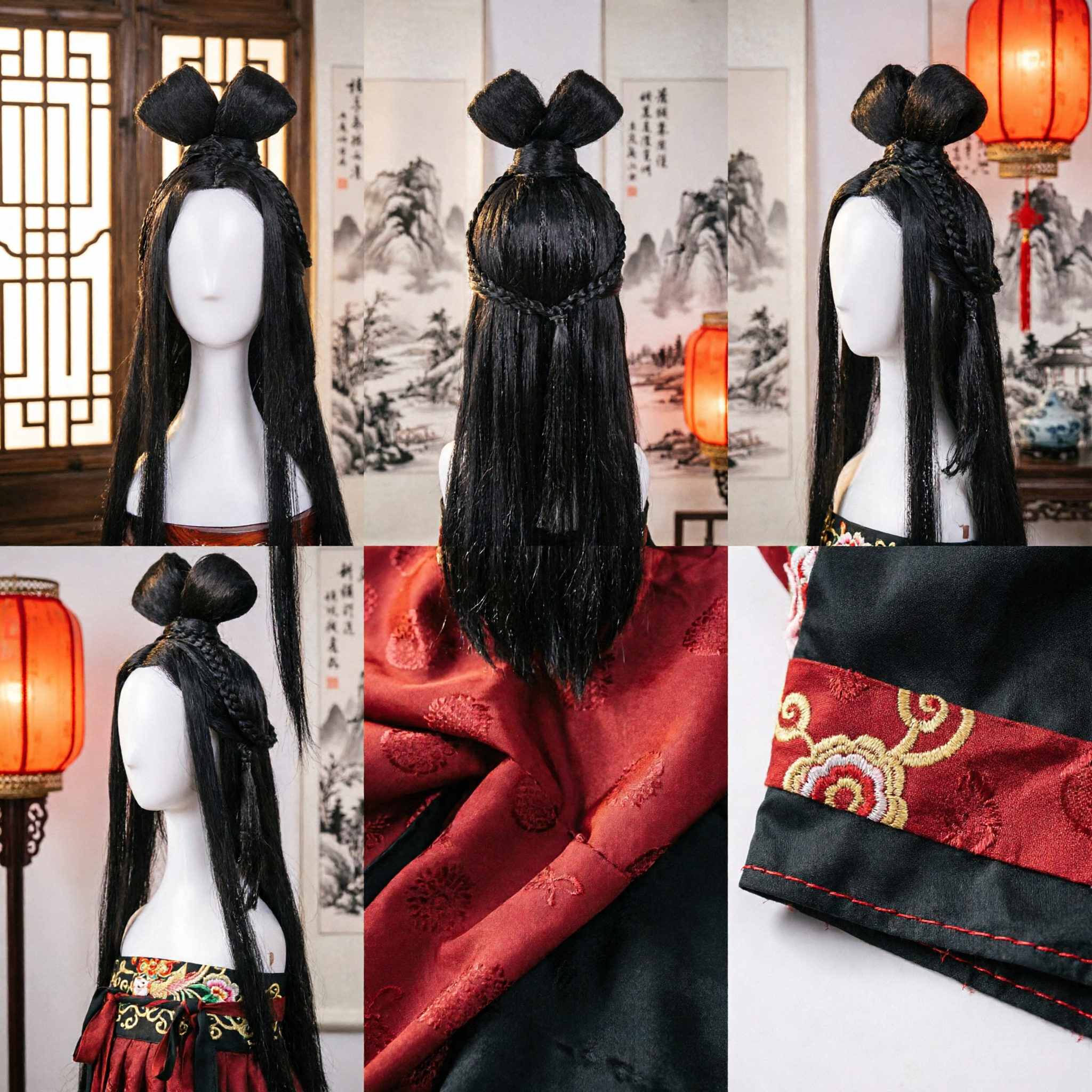 Traditional Chinese Ancient Style Black Long Hair Wig Double Loop Bun Hanfu Cosplay Hairpiece for Women