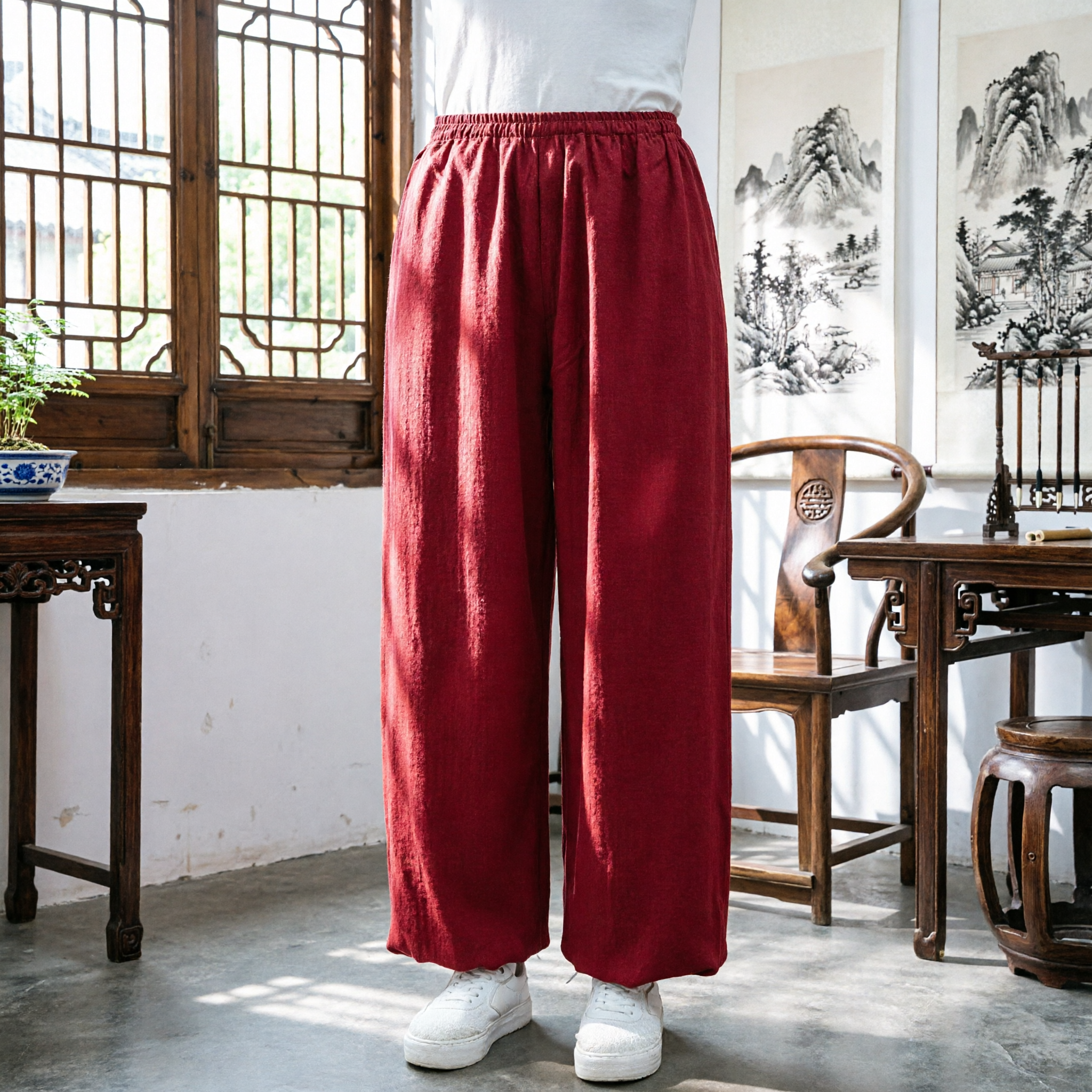 Traditional Red Kung Fu Pants for Men and Women Loose Fit Tai Chi Martial Arts Trousers