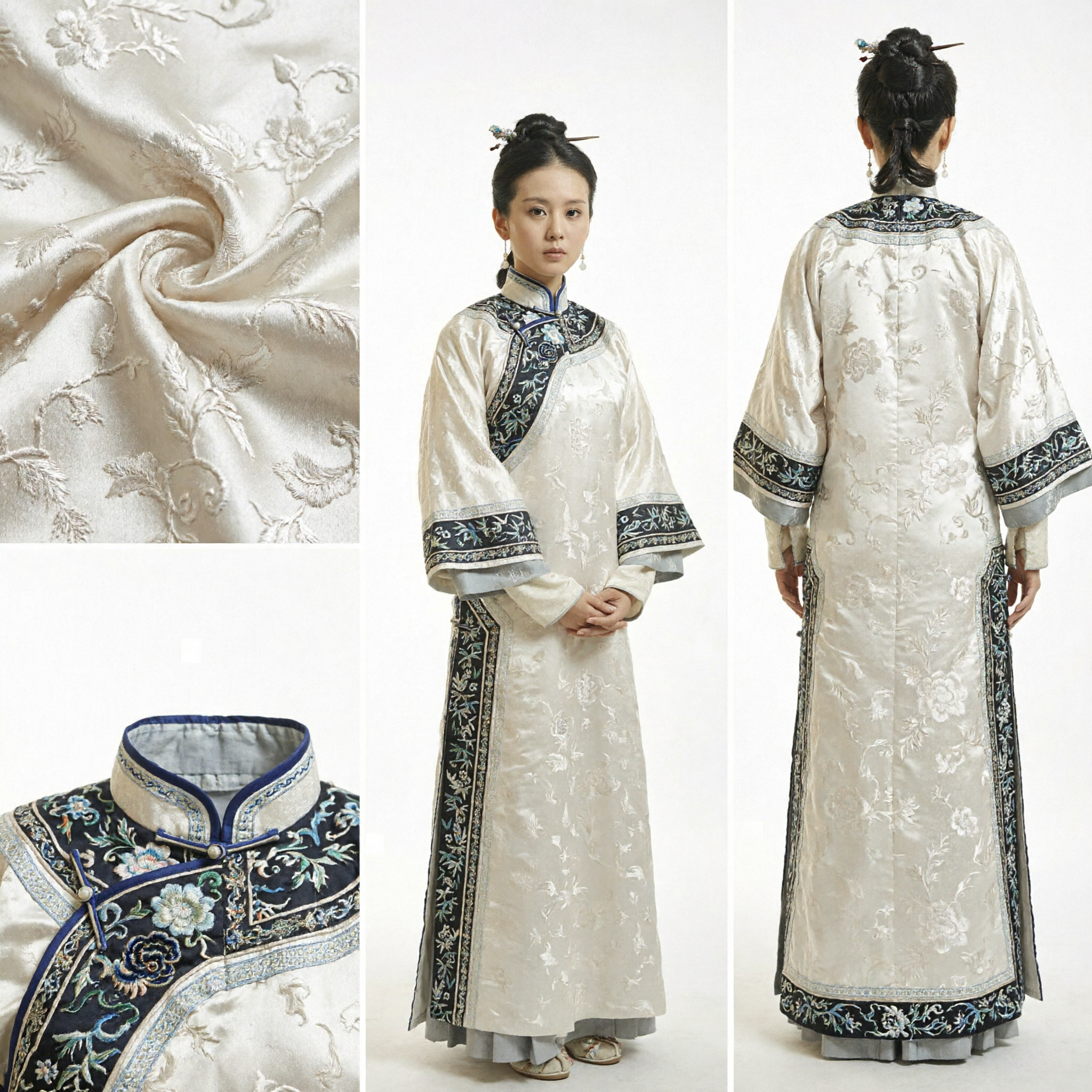 Traditional Chinese Qing Dynasty Manchu Princess Costume White Embroidered Noble Lady Robe Set for Women