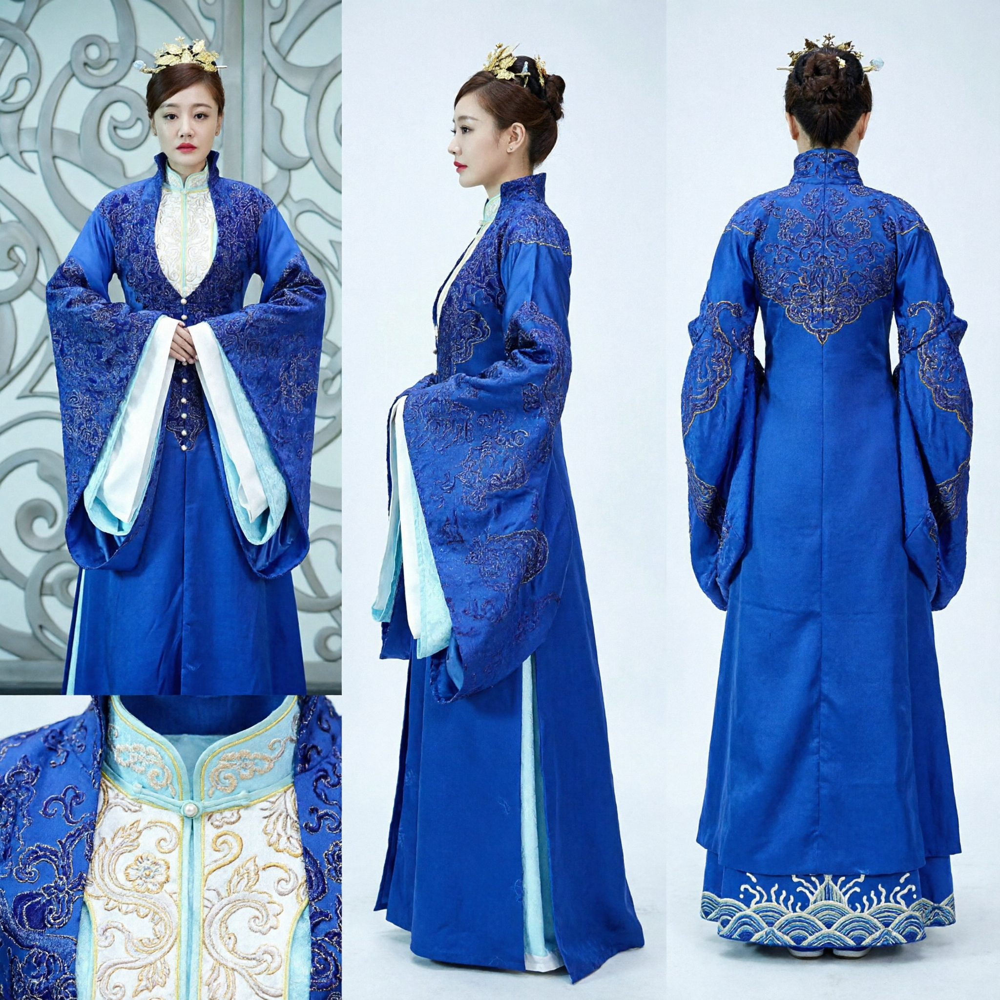 Royal Blue Ancient Chinese Hanfu Costume Women Traditional Embroidered Robe for Cosplay and Photography