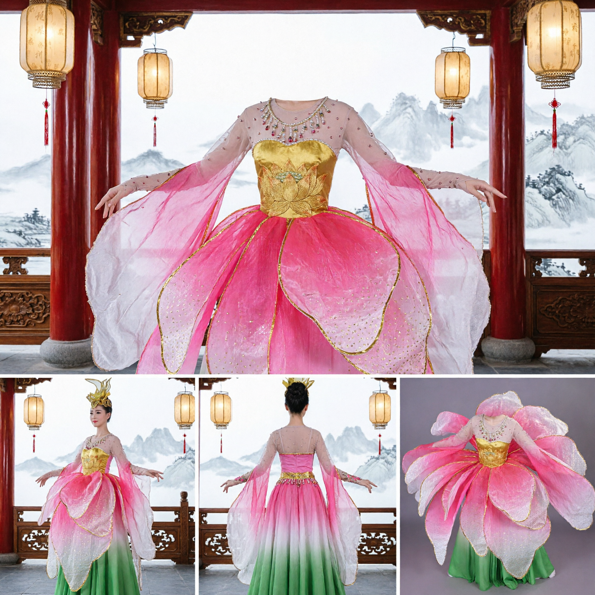 Professional Chinese Lotus Flower Dance Costume Traditional Stage Performance Dress for Women Folk Dance Show