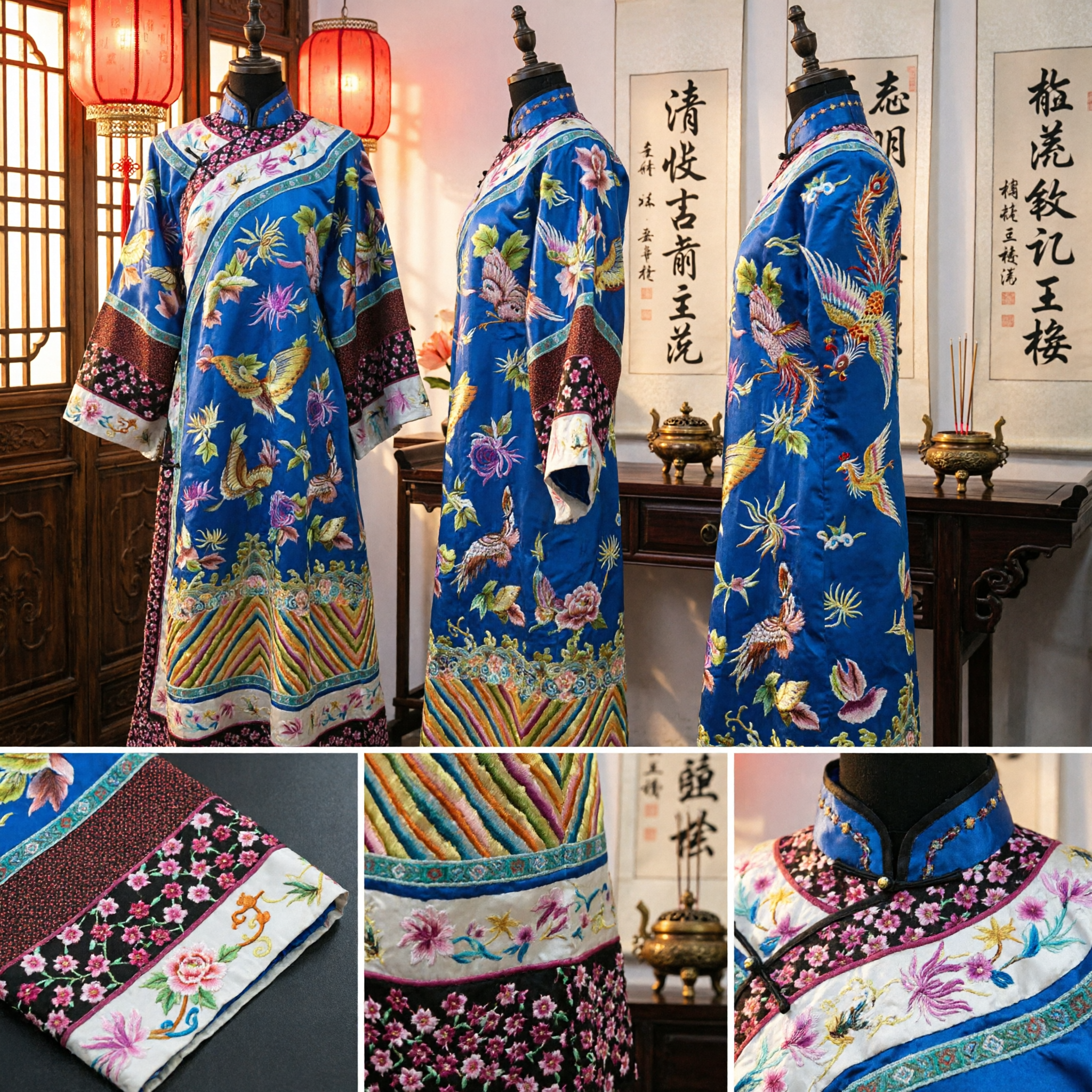 Traditional Chinese Qing Dynasty Blue Butterfly Robe Manchu Clothing Costume for Women Peking Opera