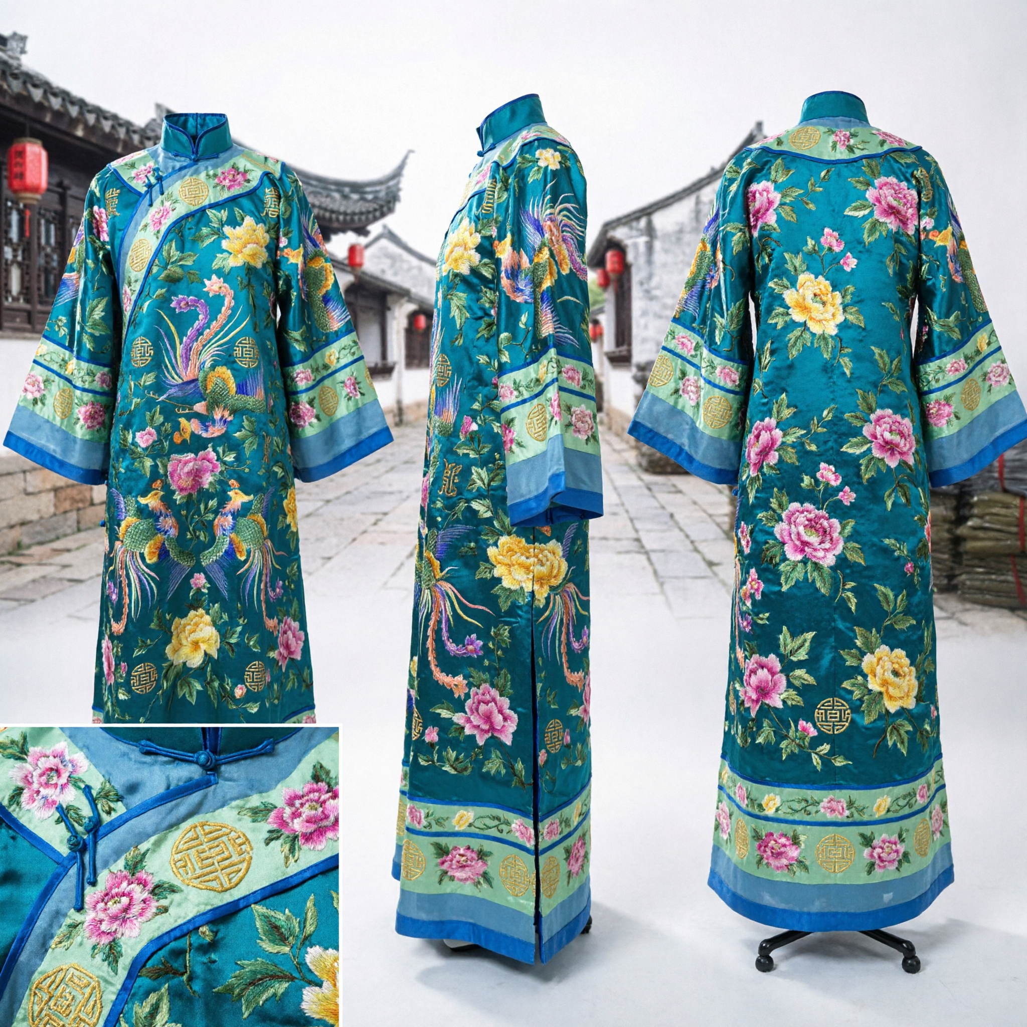 Traditional Chinese Peking Opera Costume Teal Blue Phoenix Peony Embroidery Robe for Women Stage Performance