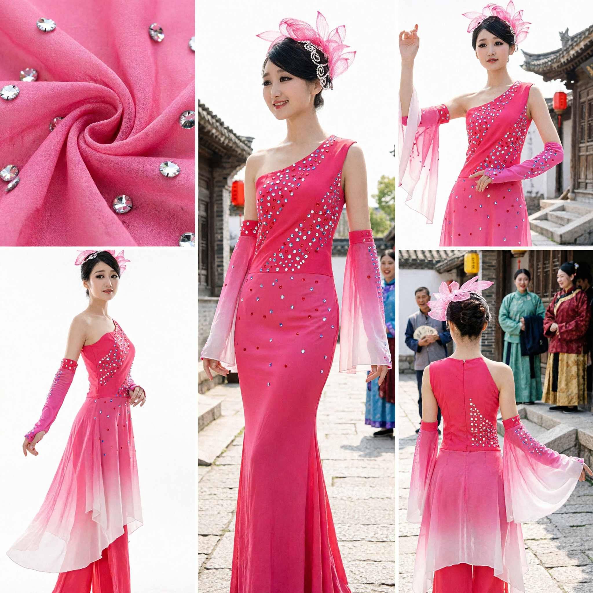 Women's Pink Ombre One-Shoulder Chinese Folk Dance Costume Rhinestone Stage Performance Dress with Headpiece