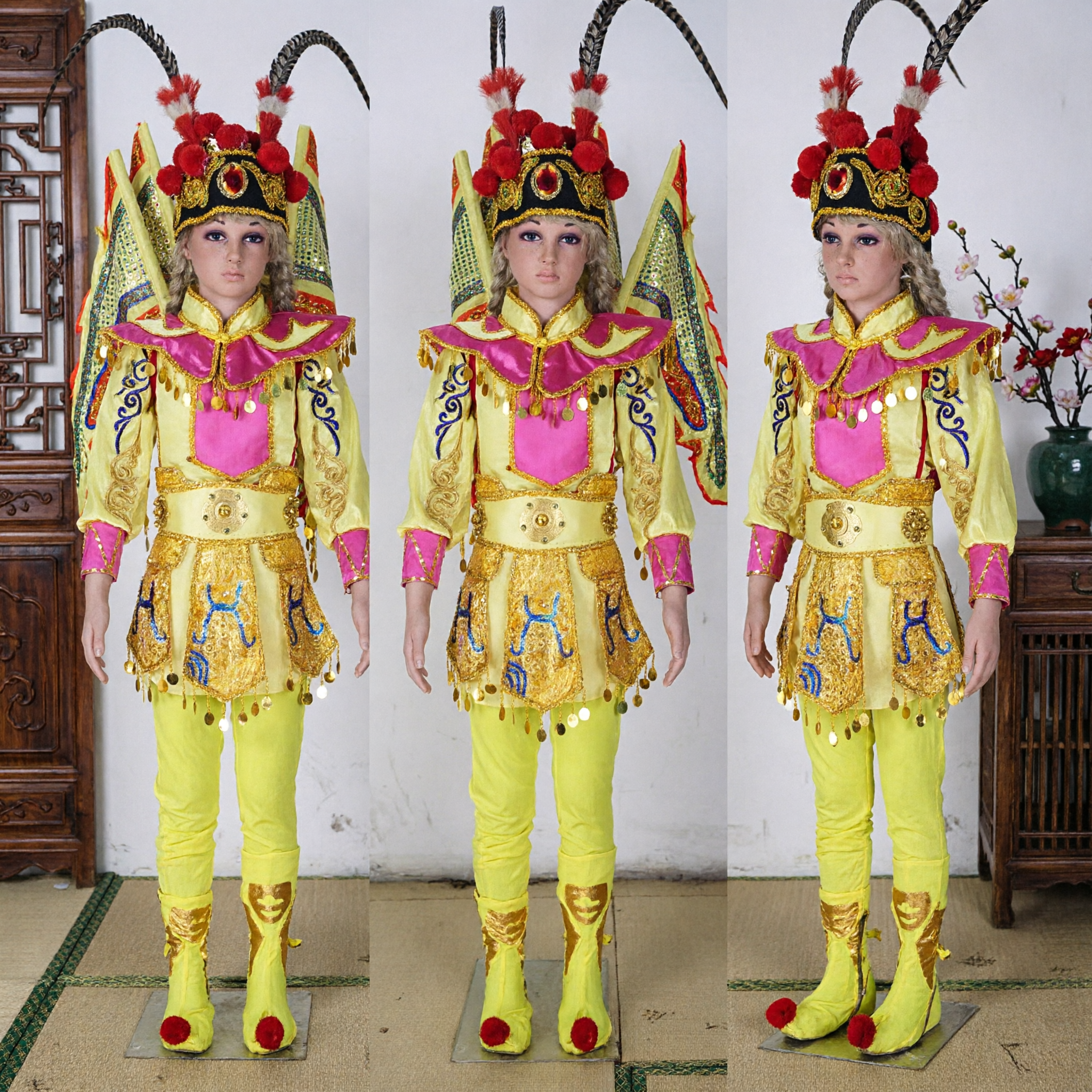 Traditional Chinese Beijing Opera General Costume Yellow Warrior Outfit with Helmet and Flags for Stage Performance