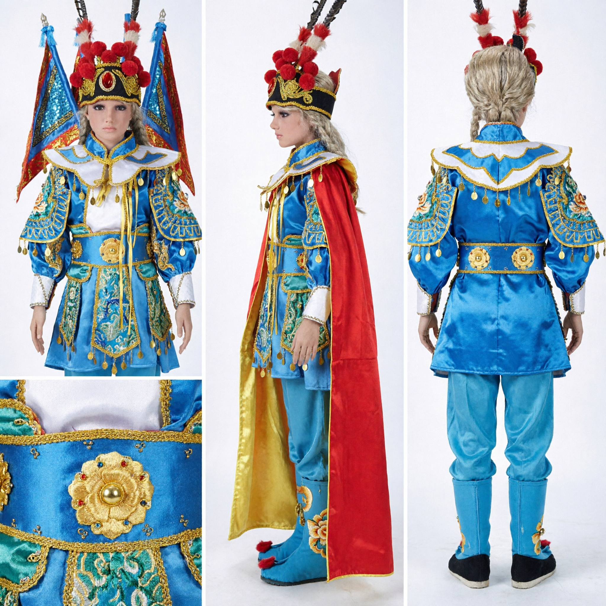 Blue and Gold Traditional Chinese Opera General Costume with Pheasant Headdress for Stage Performance and Cosplay