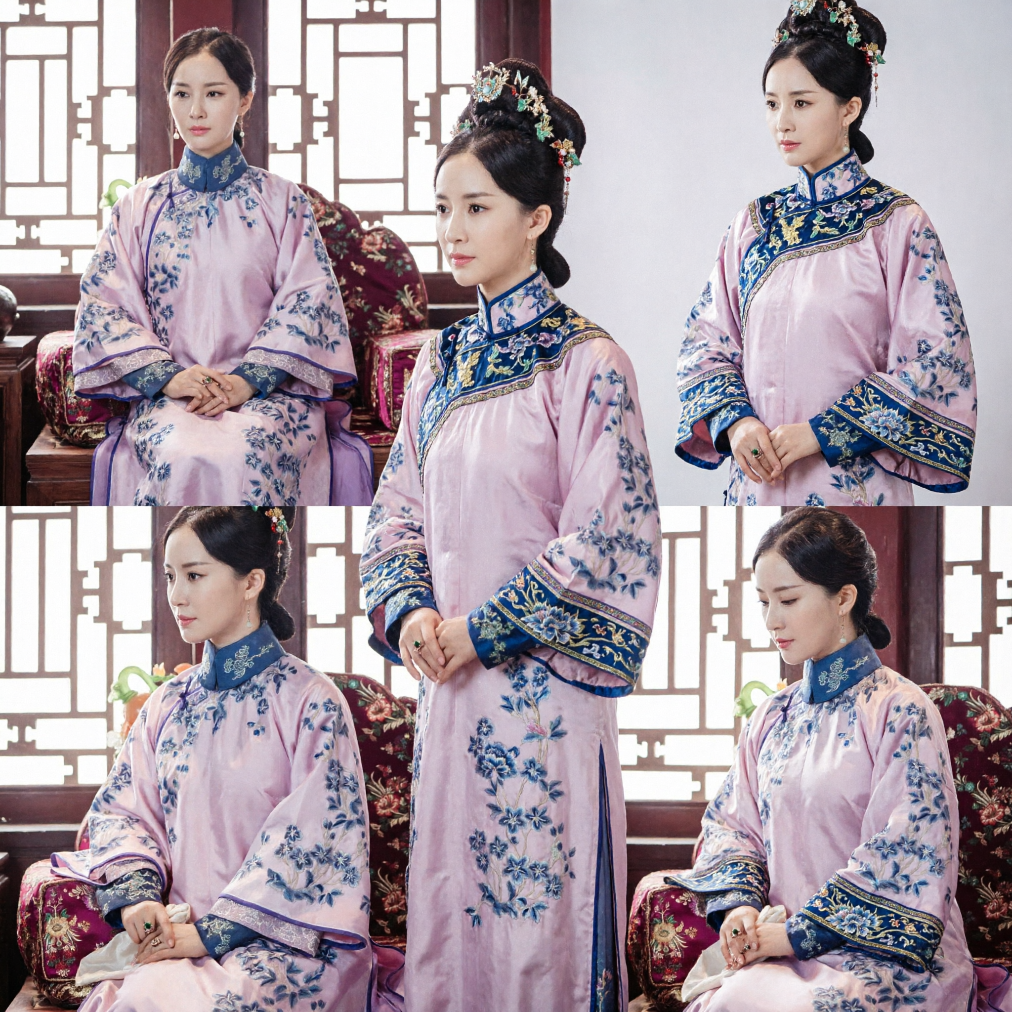 Traditional Chinese Qing Dynasty Manchu Princess Costume Pink Robe with Blue Floral Embroidery for Historical Cosplay