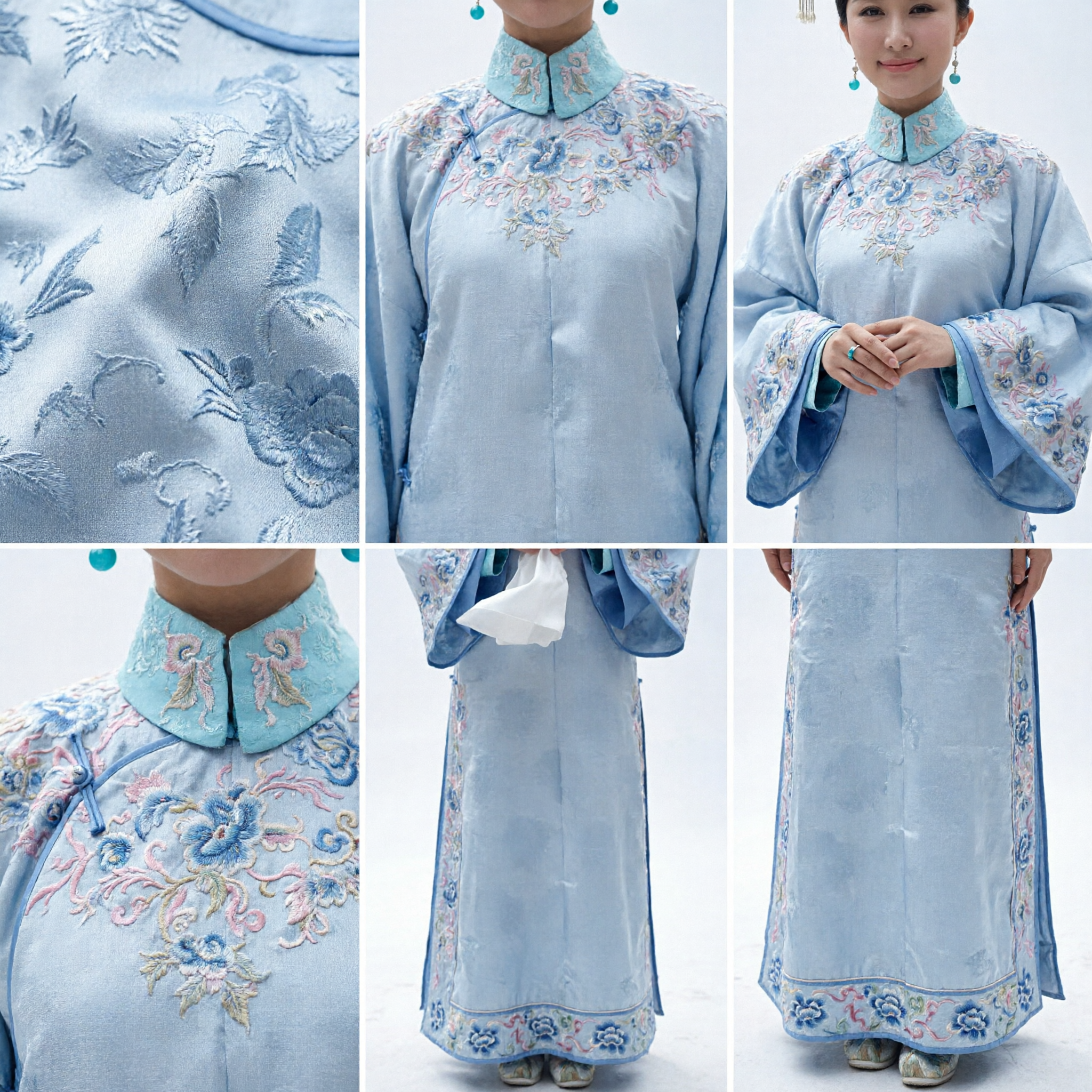 Ancient Chinese Qing Dynasty Princess Costume Blue Floral Embroidery Manchu Lady Traditional Palace Dress