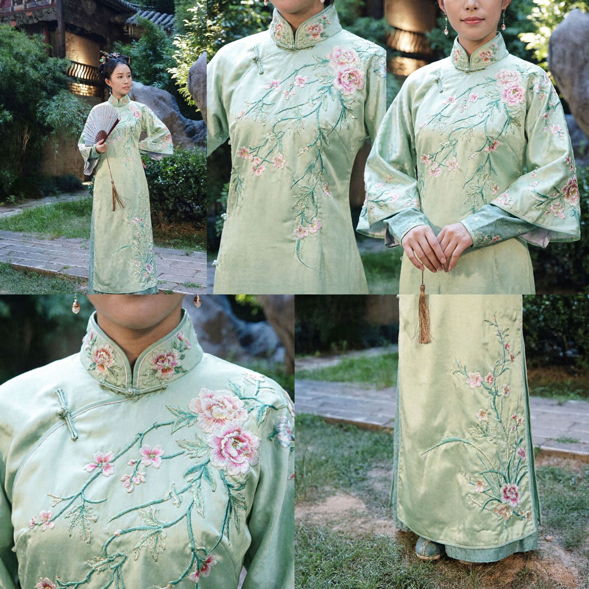 Chinese Ancient Ming Dynasty Hanfu Pale Green Embroidered Long Robe Traditional Costume for Women Cosplay