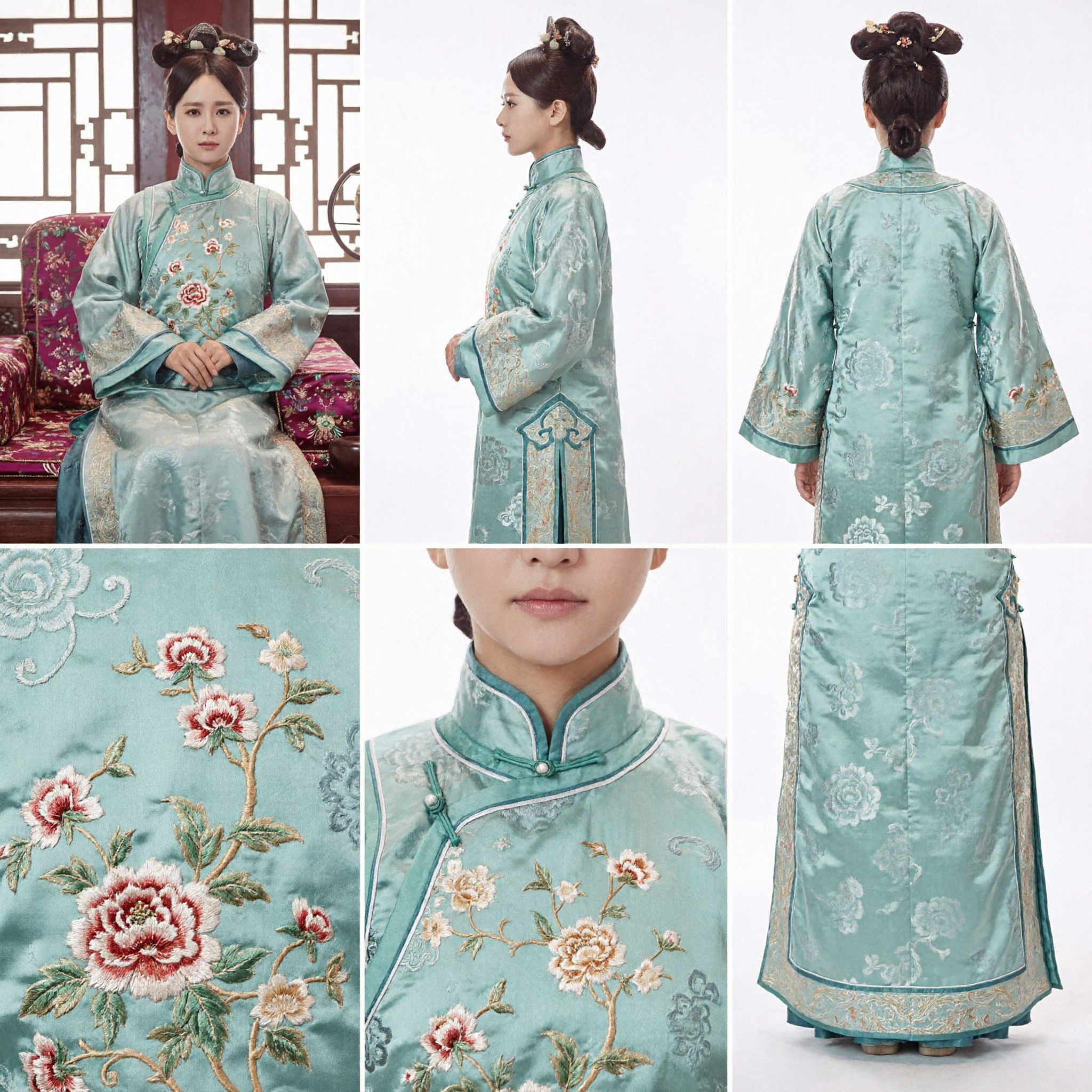 Traditional Chinese Qing Dynasty Costume Women Ancient Manchu Embroidered Robe Green Dress for Cosplay and Photography