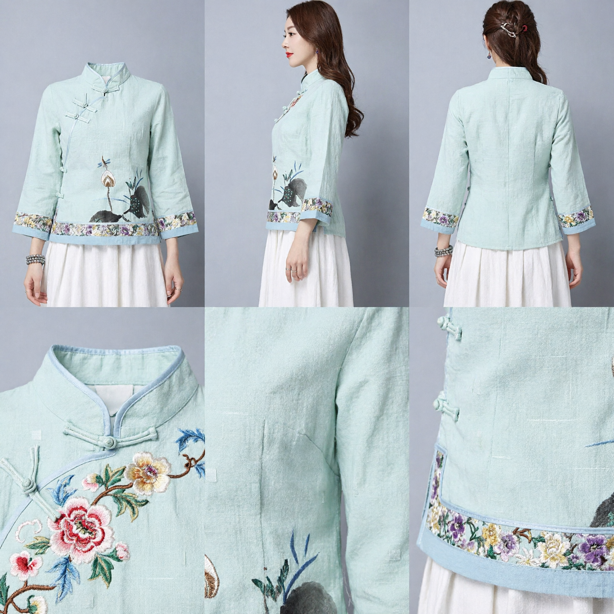 Women's Traditional Chinese Tang Suit Blouse Light Green Embroidered Mandarin Collar Top Vintage Hanfu Shirt