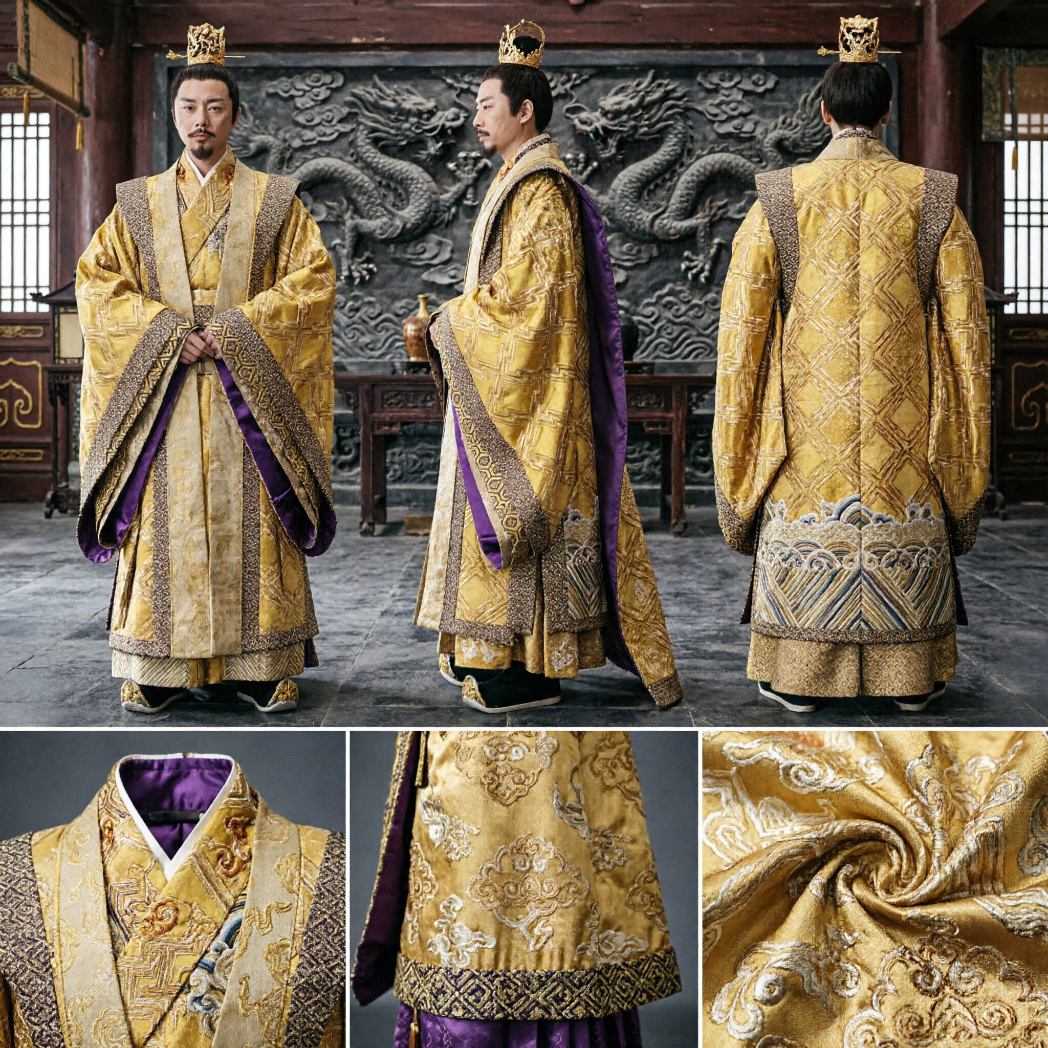 Men's Traditional Chinese Emperor Costume Golden Brocade Robe Ancient King Hanfu for Cosplay Performance