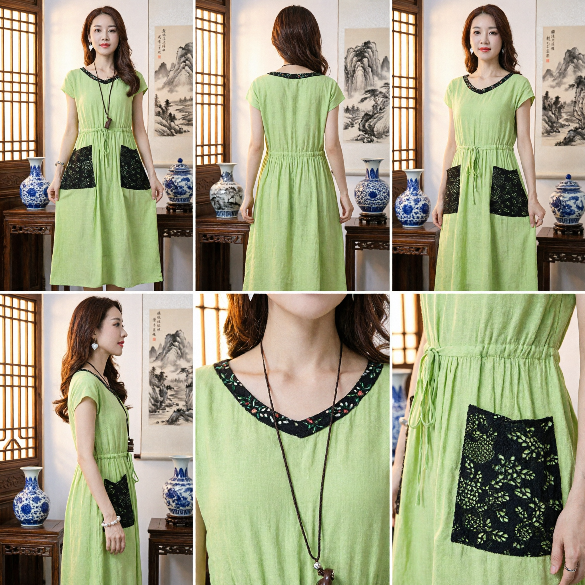 Women's Casual Green Linen Dress Summer Loose Fit Ethnic Style Maxi Dress with Black Lace Pockets