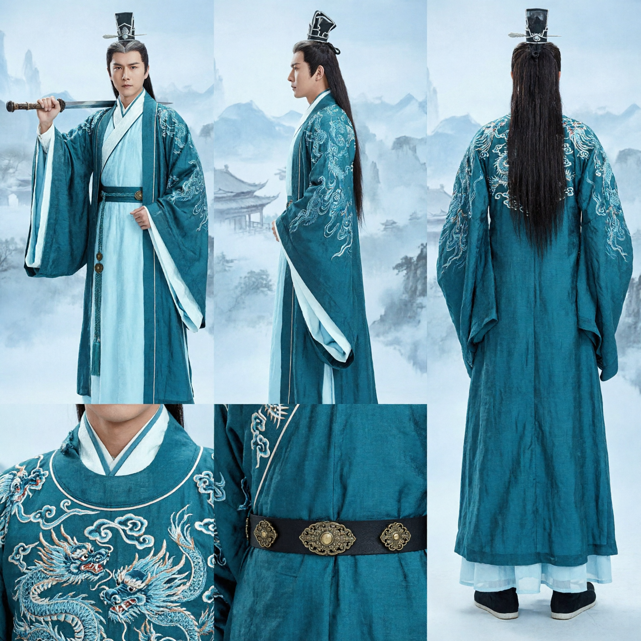 Men's Ancient Chinese Swordsman Hanfu Costume Traditional Wuxia Knight Embroidered Green Robe for Cosplay