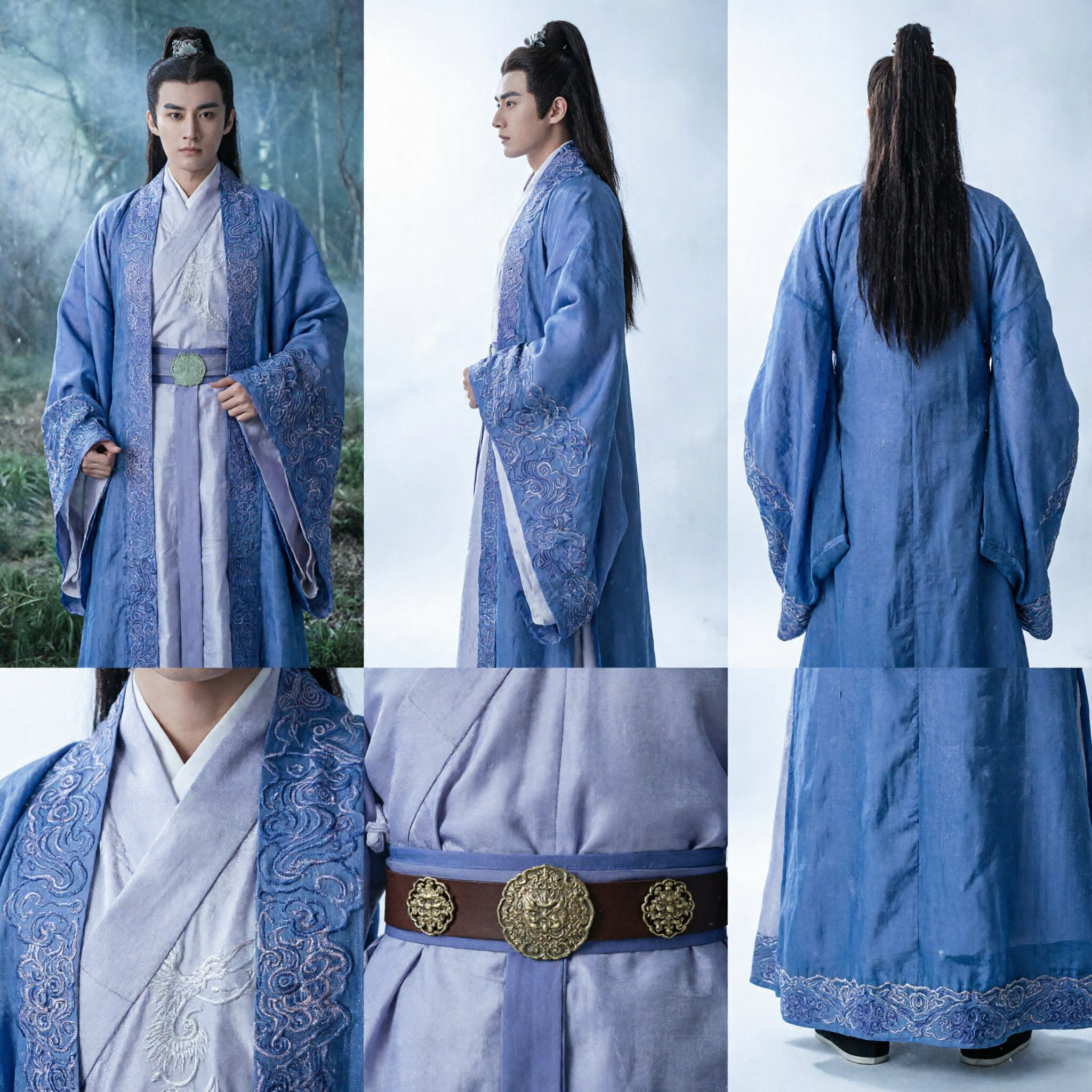 Men's Ancient Chinese Blue Hanfu Traditional Costume Embroidered Wuxia Swordsman Robe for Cosplay and Performance