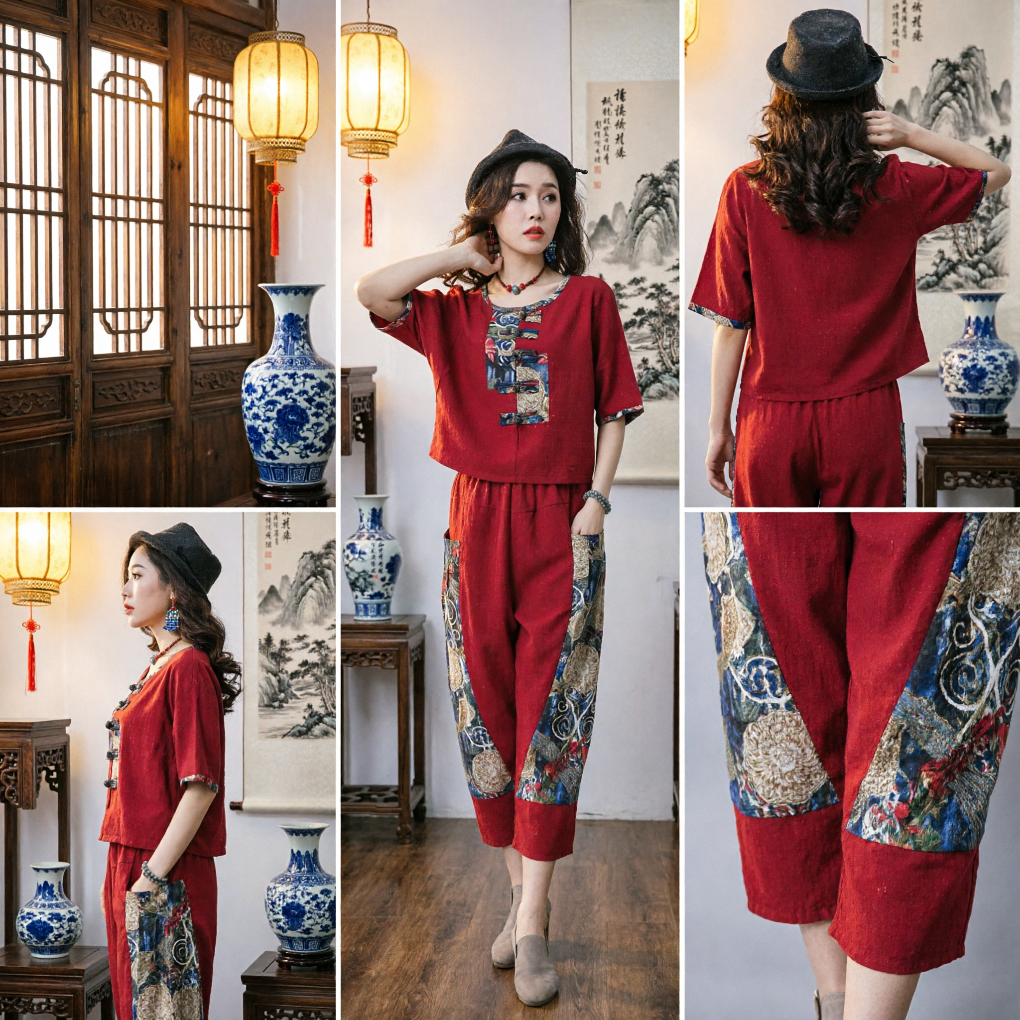 Women's Vintage Chinese Style Tang Suit Two-Piece Set Loose Linen Embroidery Patchwork Top and Pants